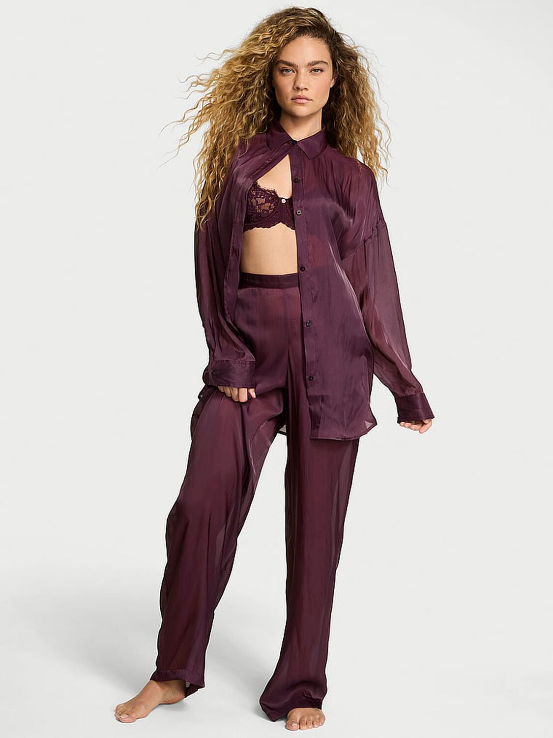 vs Victoria's Secret Luxe Sheer Satin Button-Front Long Pajama Set Winter Wine 1 of 3 