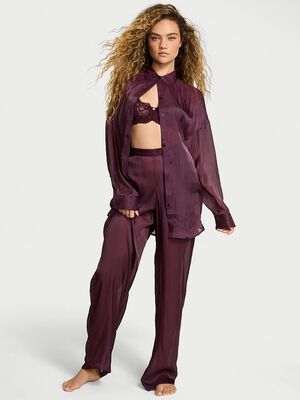 Luxe Sheer Satin Button-Front Long Pajama Set