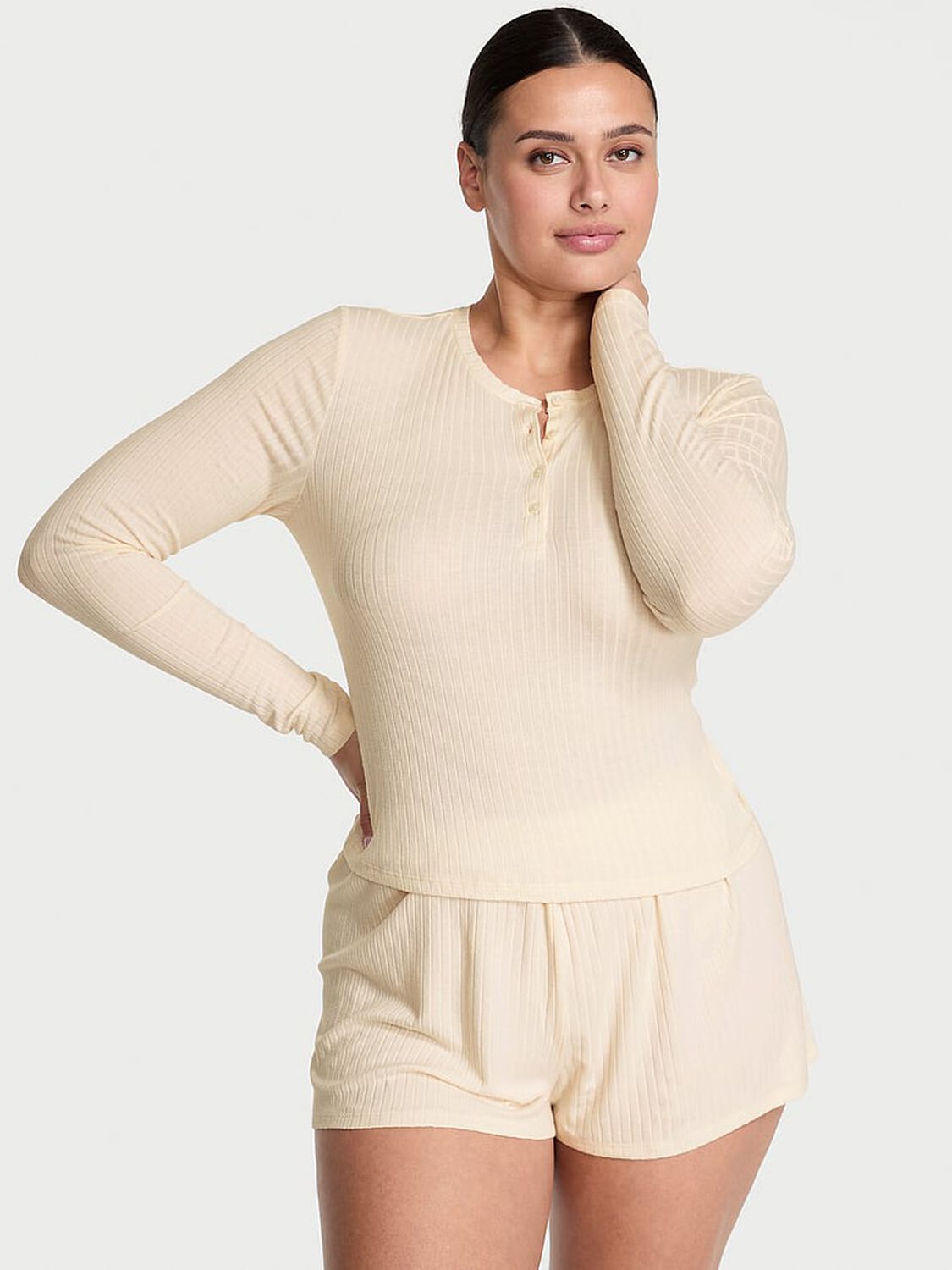 vs Victoria's Secret Modal Wide-Rib Long-Sleeve Short Lounge Set Candlelight 1 of 3 