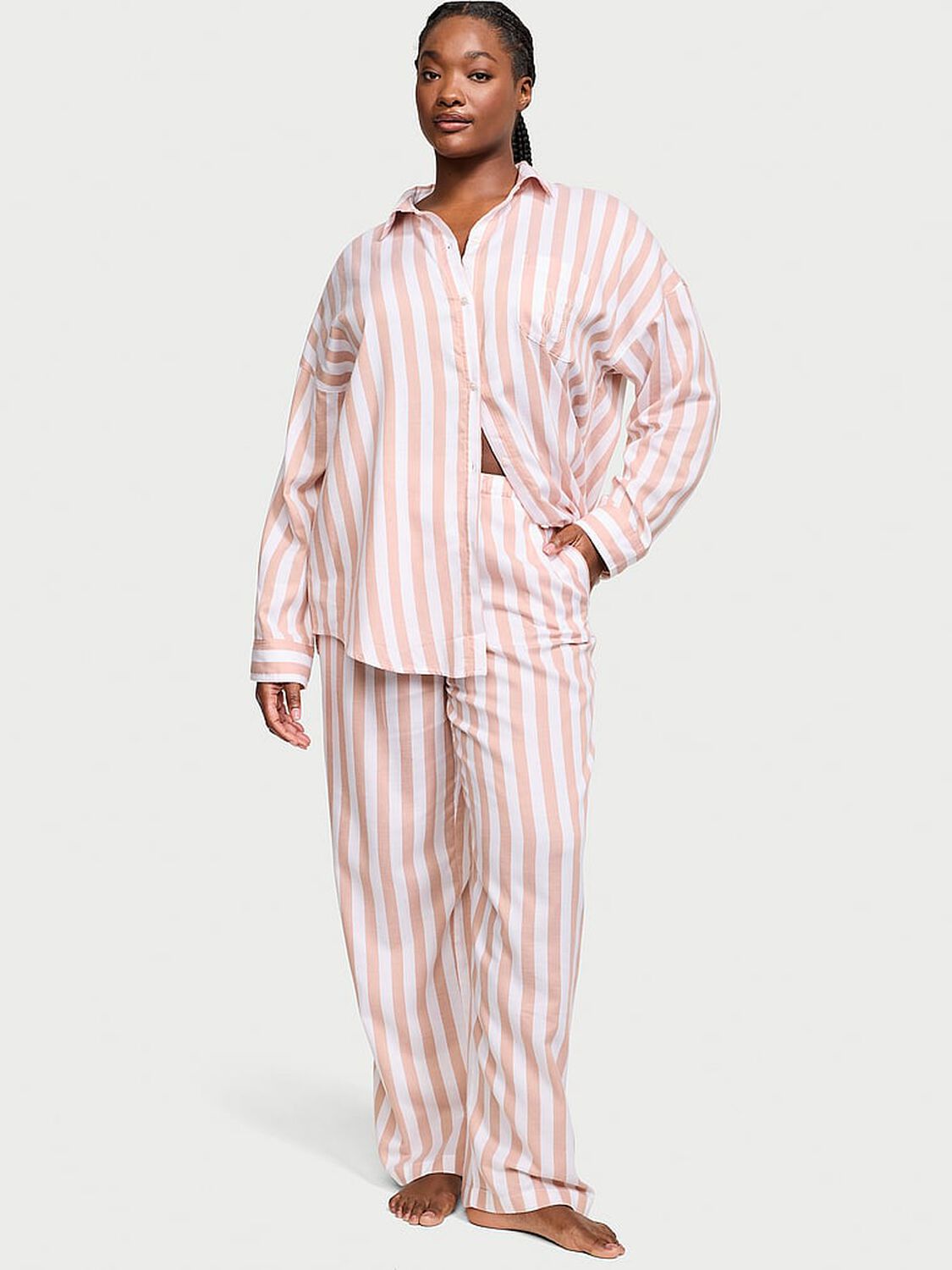 vs Victoria's Secret Modal-Cotton Long Pajama Set Toasted Sugar Stripes 1 of 4 
