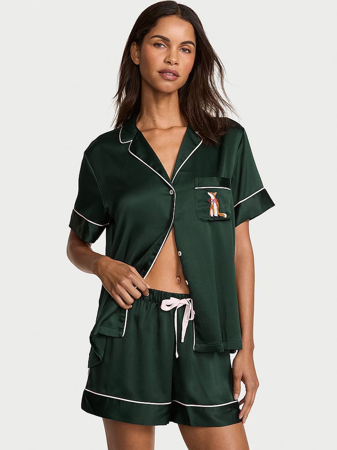 vs Victoria's Secret Glazed Satin Short Pajama Set Cliantro W  Fox Pocket Embroidery 1 of 3 