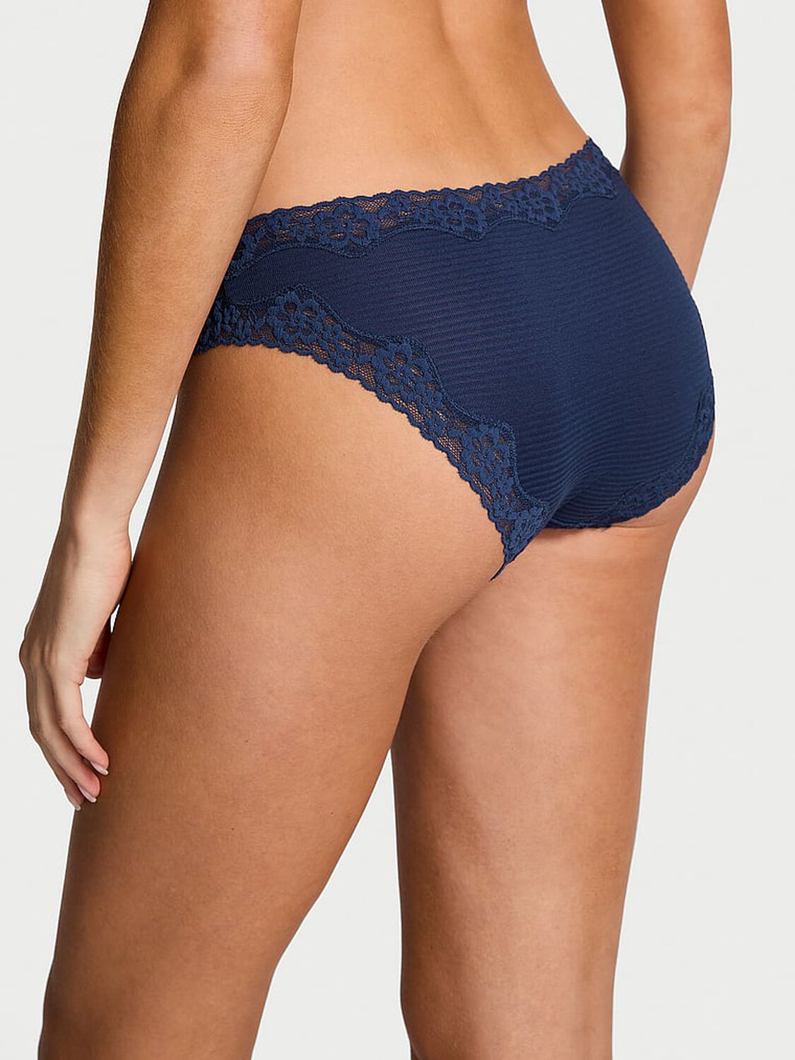 vs Lace Trim Cotton Shadow Stripe Lace-Waist Bikini Panty Ink Blue 2 of 2 