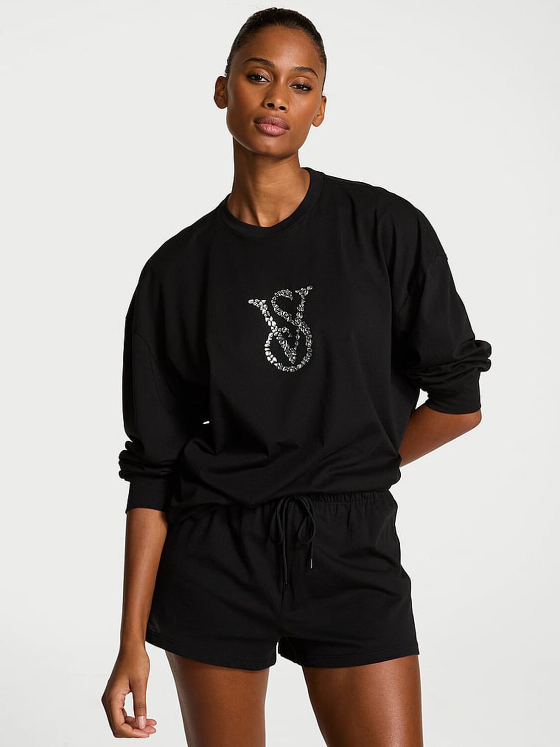 vs Victoria's Secret 100% Cotton Shine Long-Sleeve Short Pajama Set Black 1 of 2 