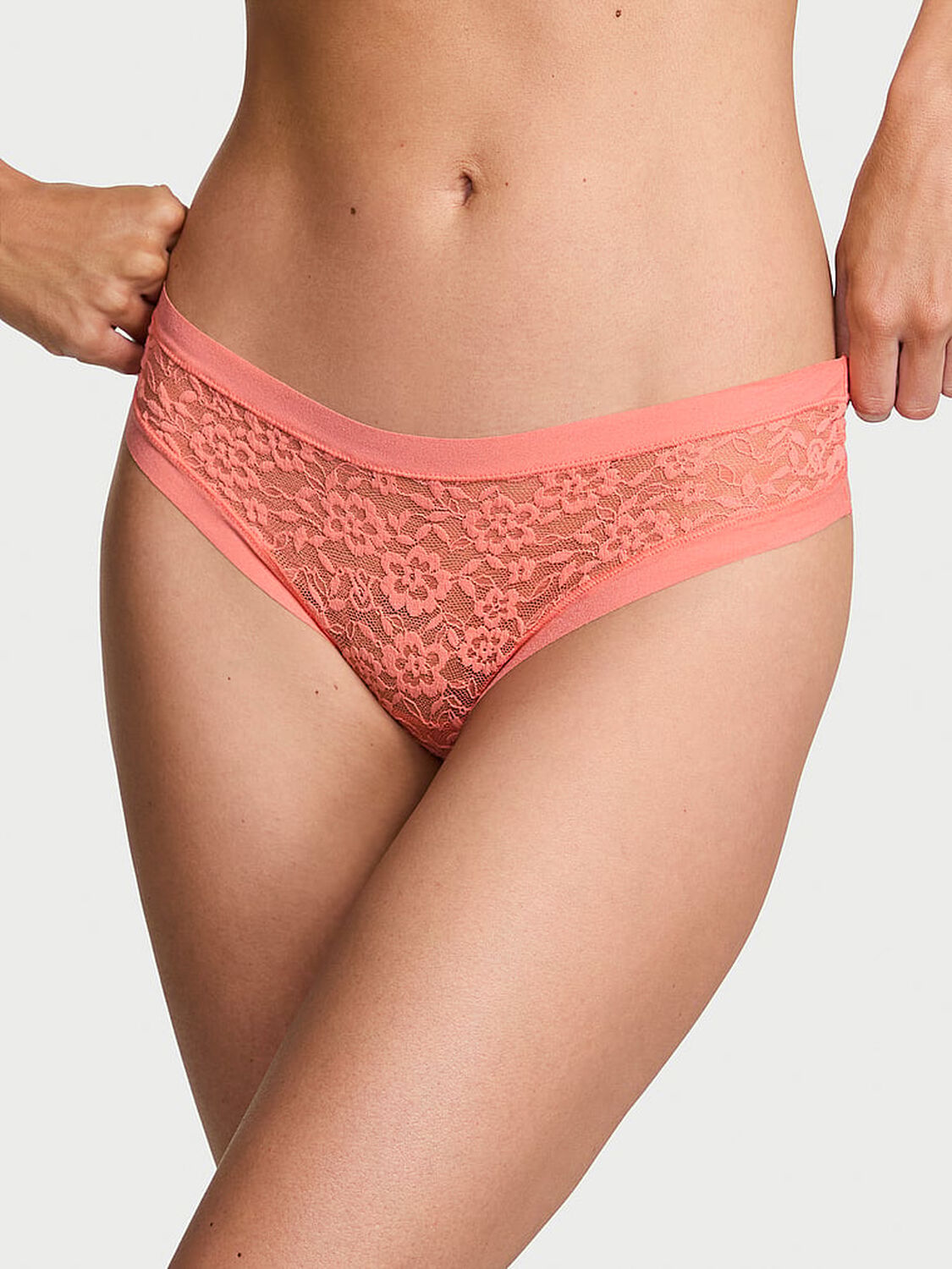 vs No-Show No-Show Lace Thong Panty Coral Ribbon 1 of 3 