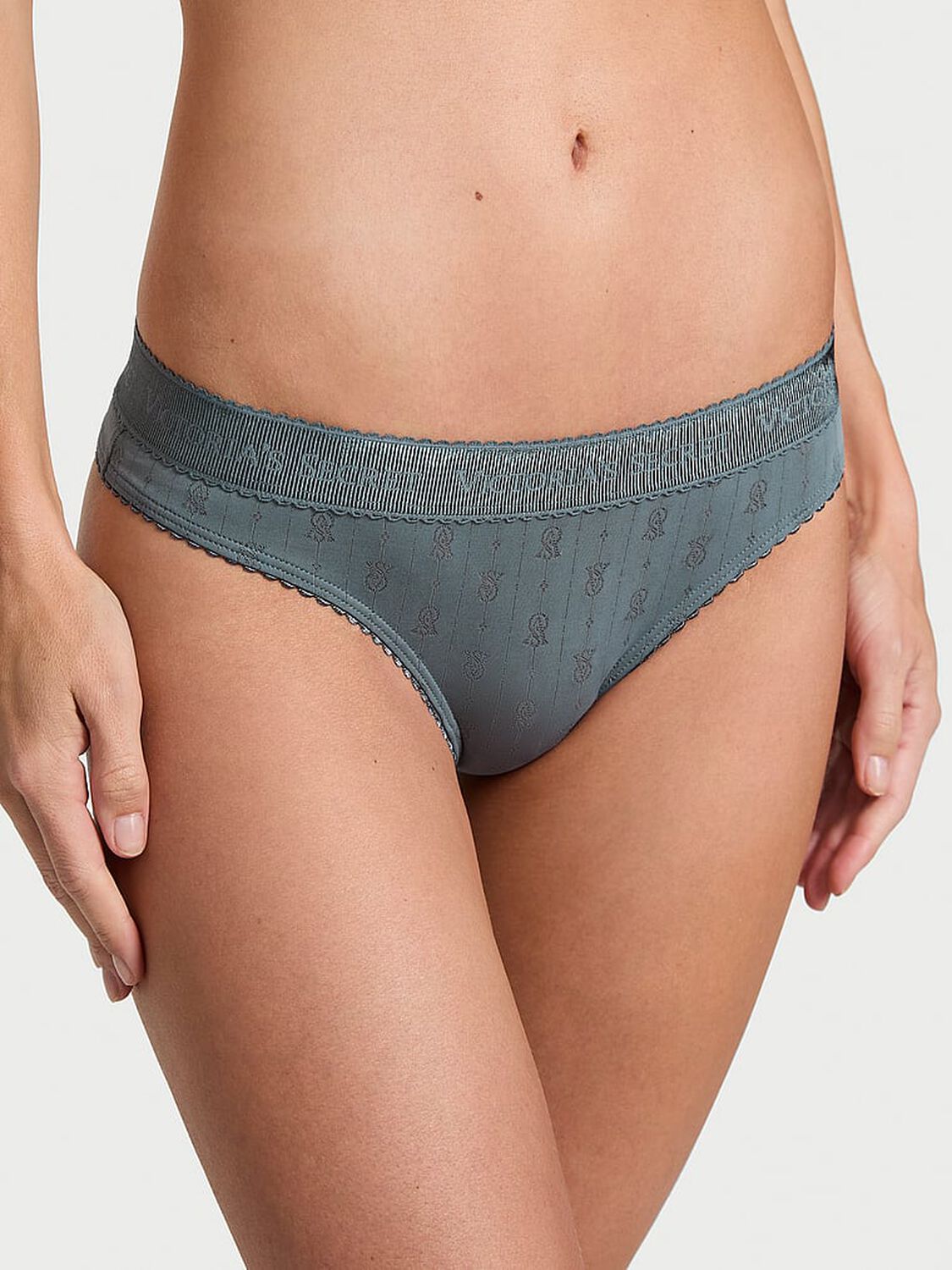 vs Cotton Logo Pointelle Thong Panty Dark Steel 1 of 3 