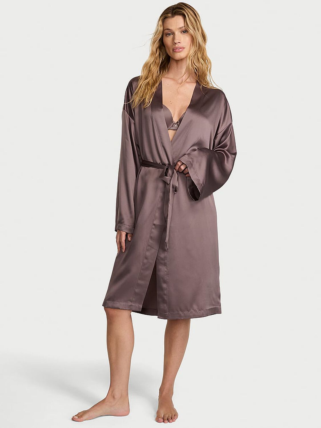 vs Victoria's Secret Satin Midi Robe Cloudy Grey 1 of 3 