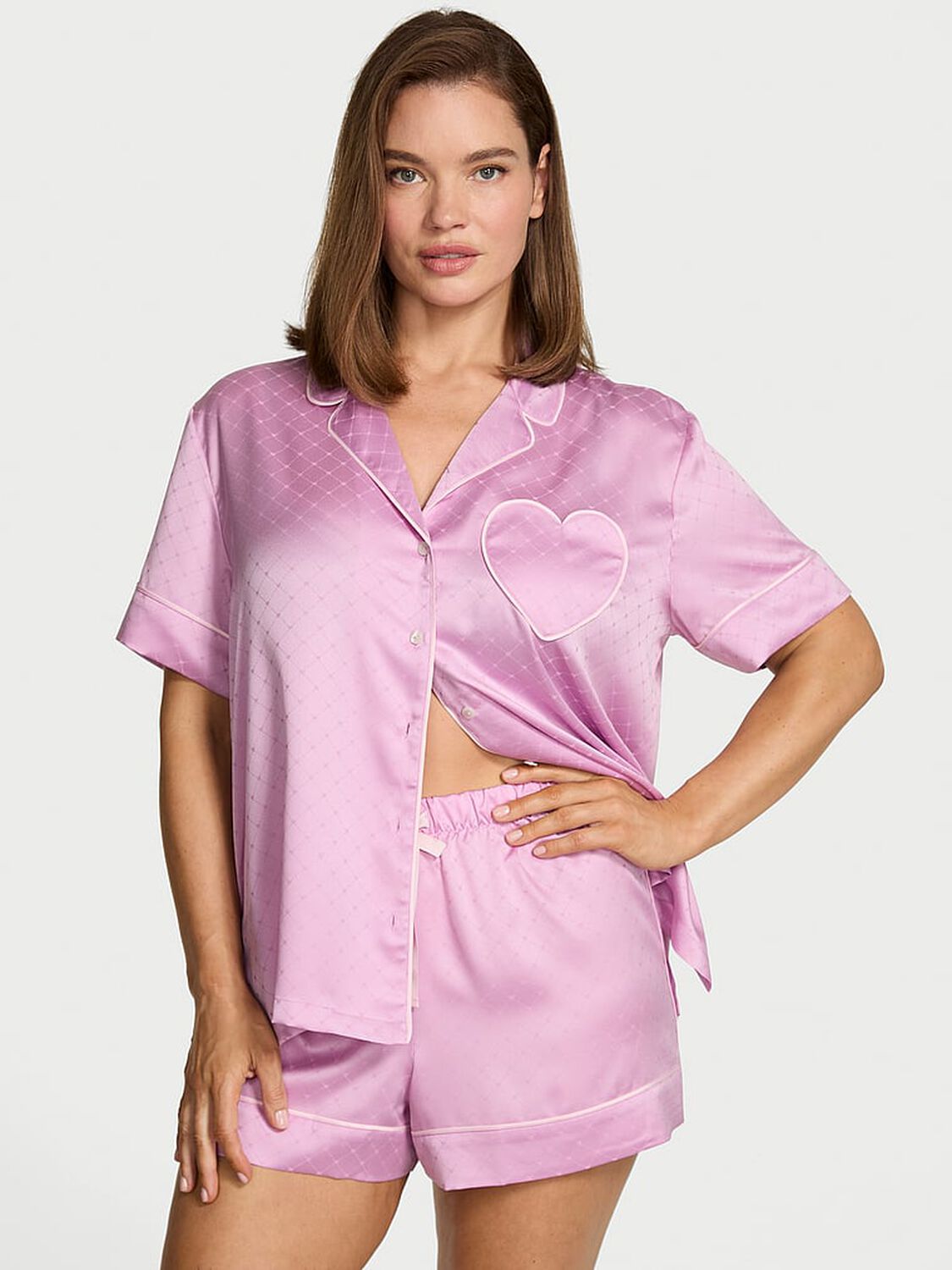 vs Victoria's Secret Glazed Satin Heart Short Pajama Set Bikini Pink Jacquard W Heart Pocket 1 of 3 