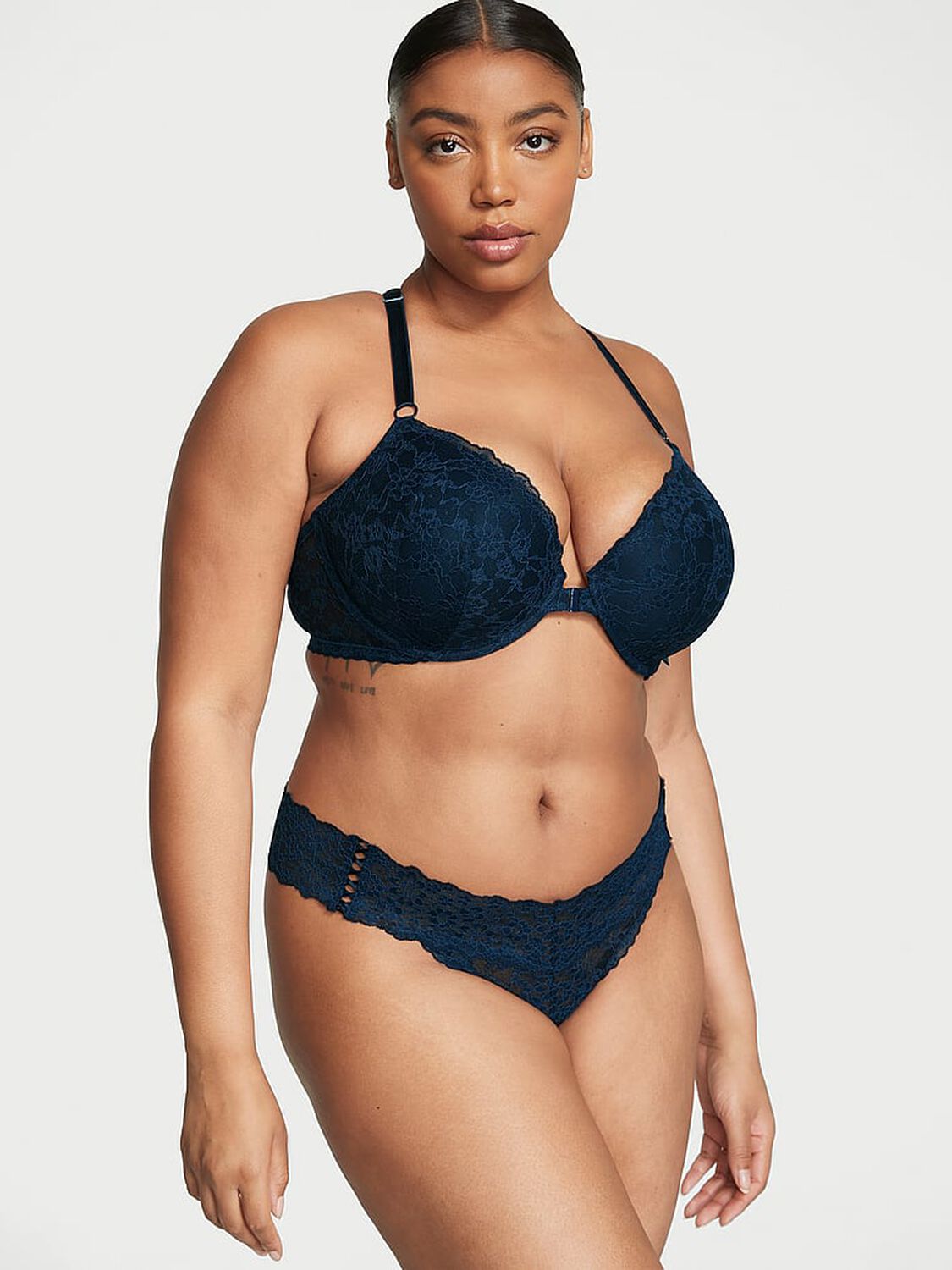 vs The Lacie Lace-Up Lace Thong Panty Noir Navy 1 of 3 