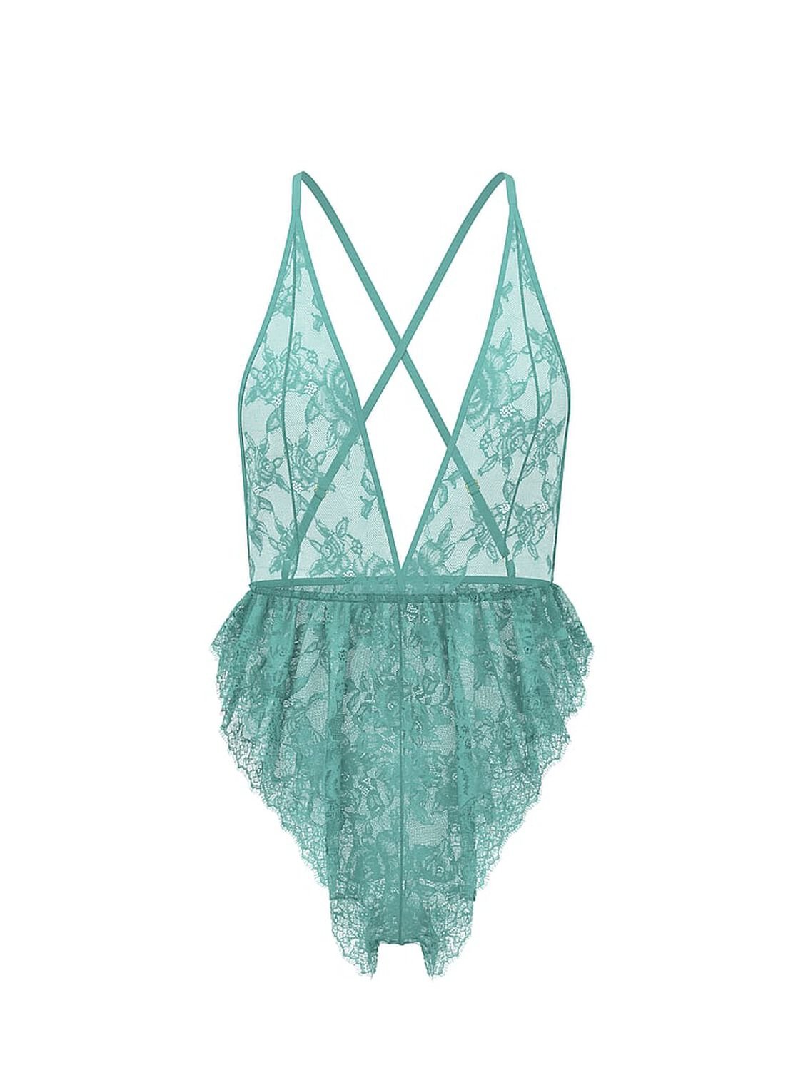 vs Very Sexy Rose Lace Plunge Flutter Romper Dusty Turquoise 1 of 3 