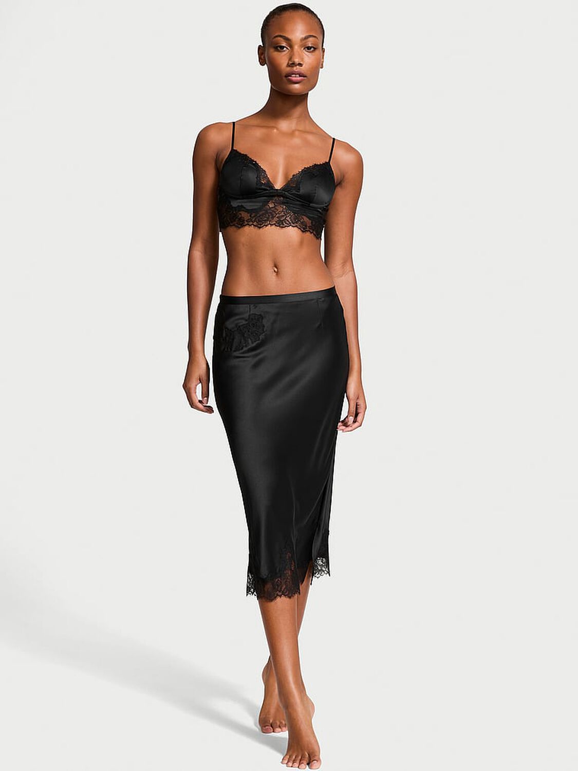 vs Victoria's Secret Satin Rose Lace-Trim Bralette & Midi Skirt Set Black 1 of 3 