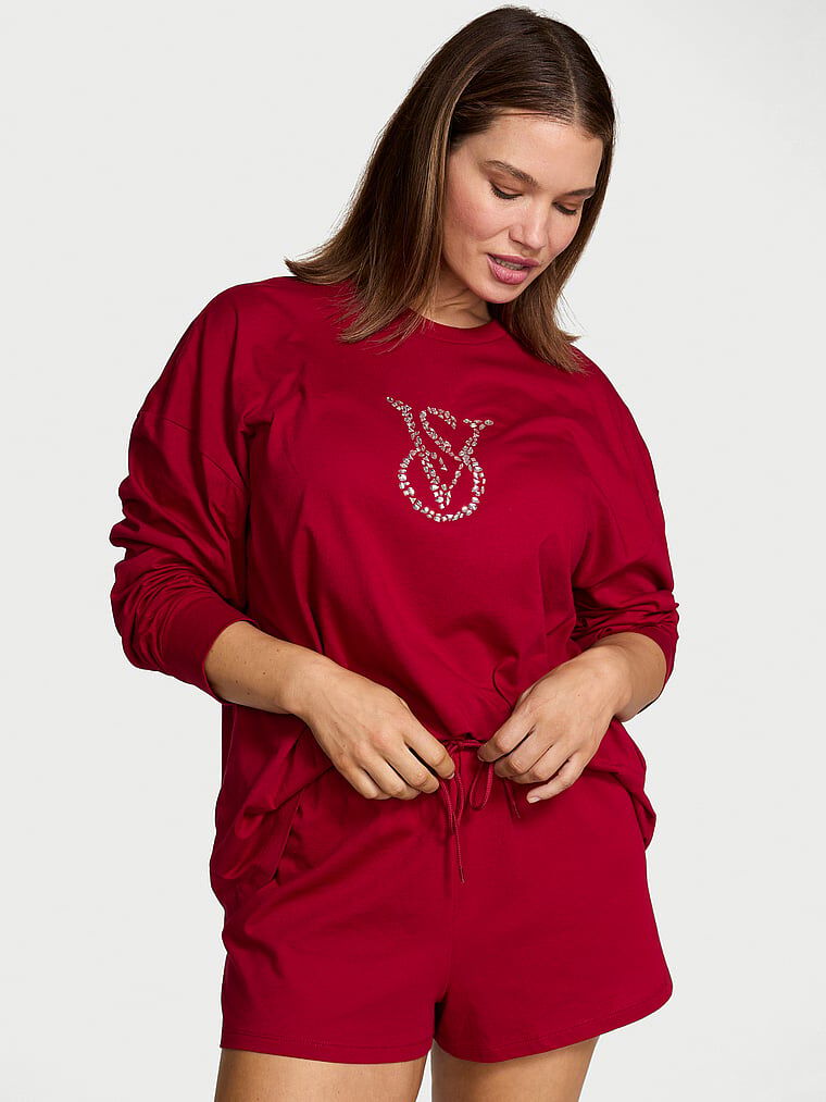 100% Cotton Shine Long-Sleeve Short Pajama Set Red Lacquer