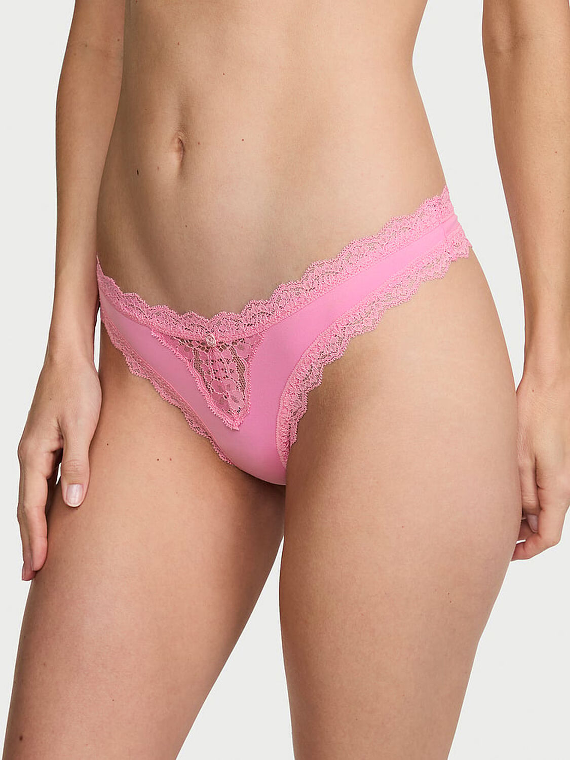 vs Dream Angels Lace-Trim Thong Panty Pink Sugar 1 of 2 