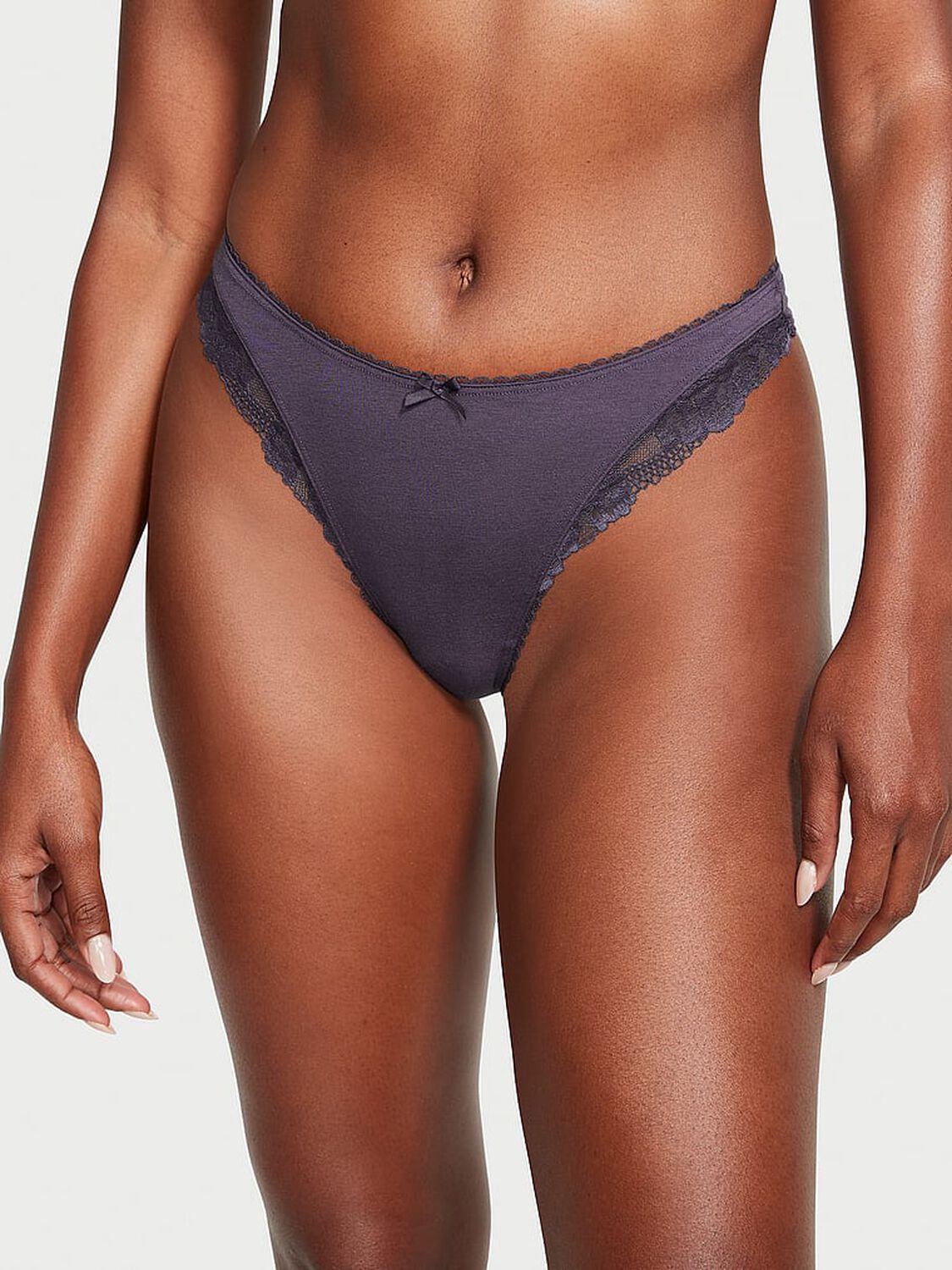 vs Victoria's Secret Body by Victoria Stretch Cotton Lace-Trim High-Leg Scoop Thong Panty 1 of 3 