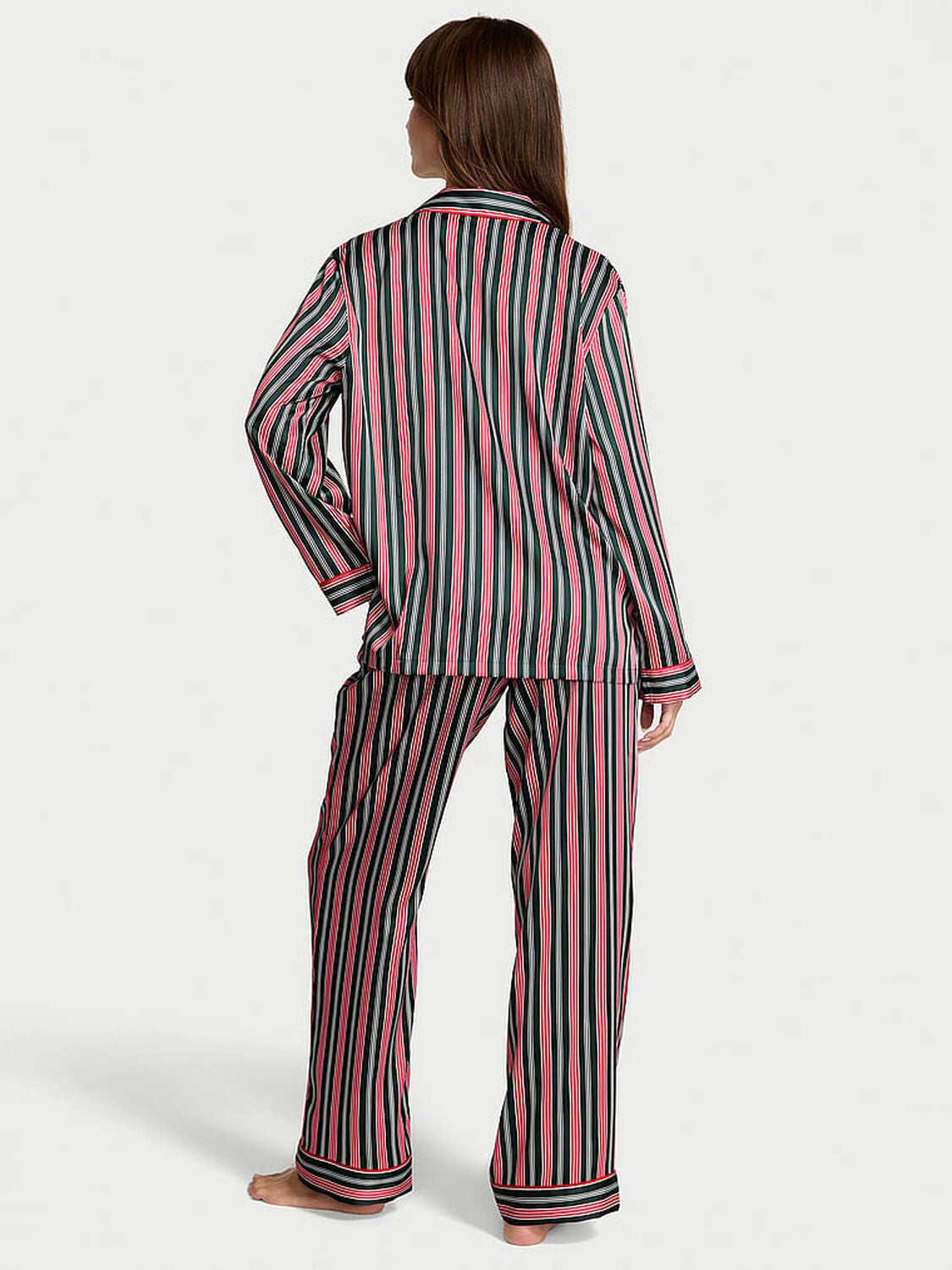 vs Victoria's Secret Glazed Satin Long Pajama Set Festive Red & Green Stripe 2 of 2 