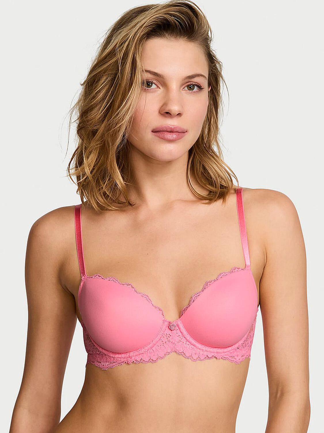 vs Dream Angels Smooth & Lace Lightly Lined Classic Coverage Demi Bra Pink Hope 1 of 4 