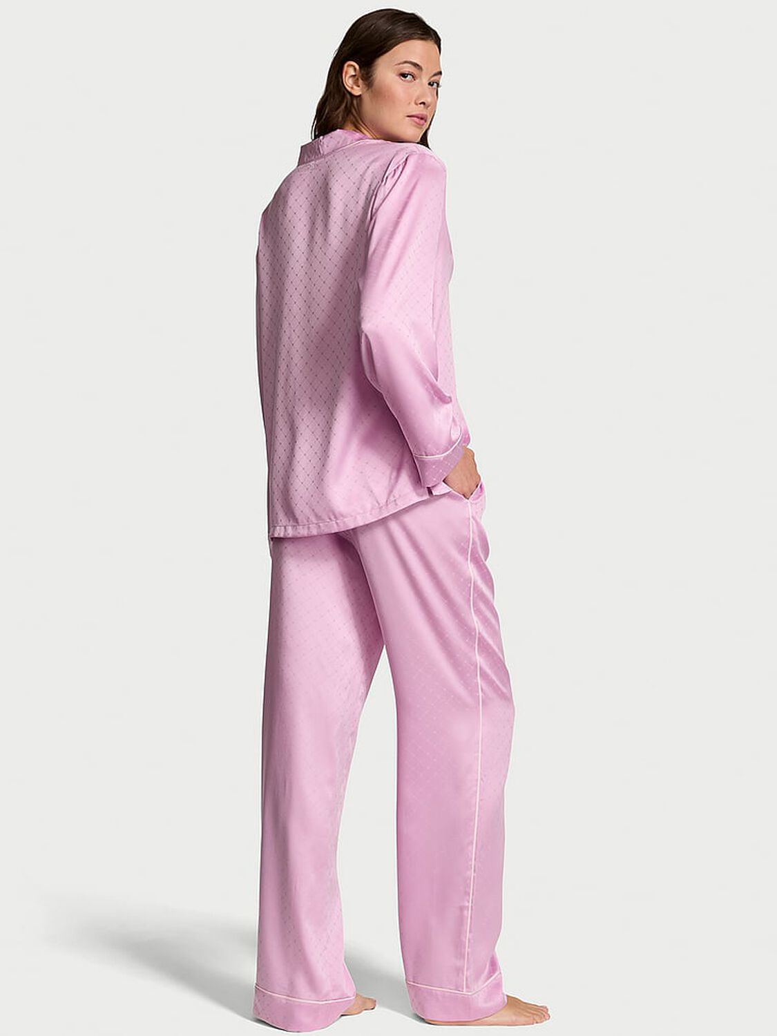 vs Victoria's Secret Glazed Satin Heart Long Pajama Set Bikini Pink Jacquard W Heart Pocket 2 of 2 