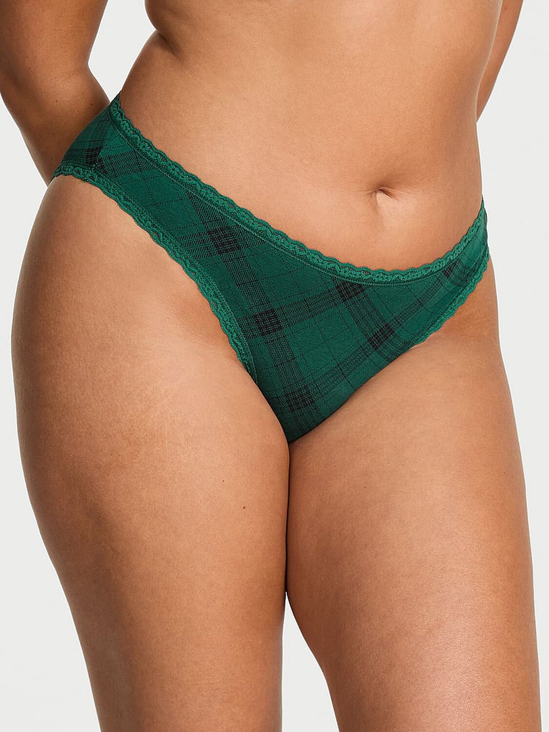 vs Lace Trim Lace-Waist Bikini Panty Clover Green Plaid 1 of 2 