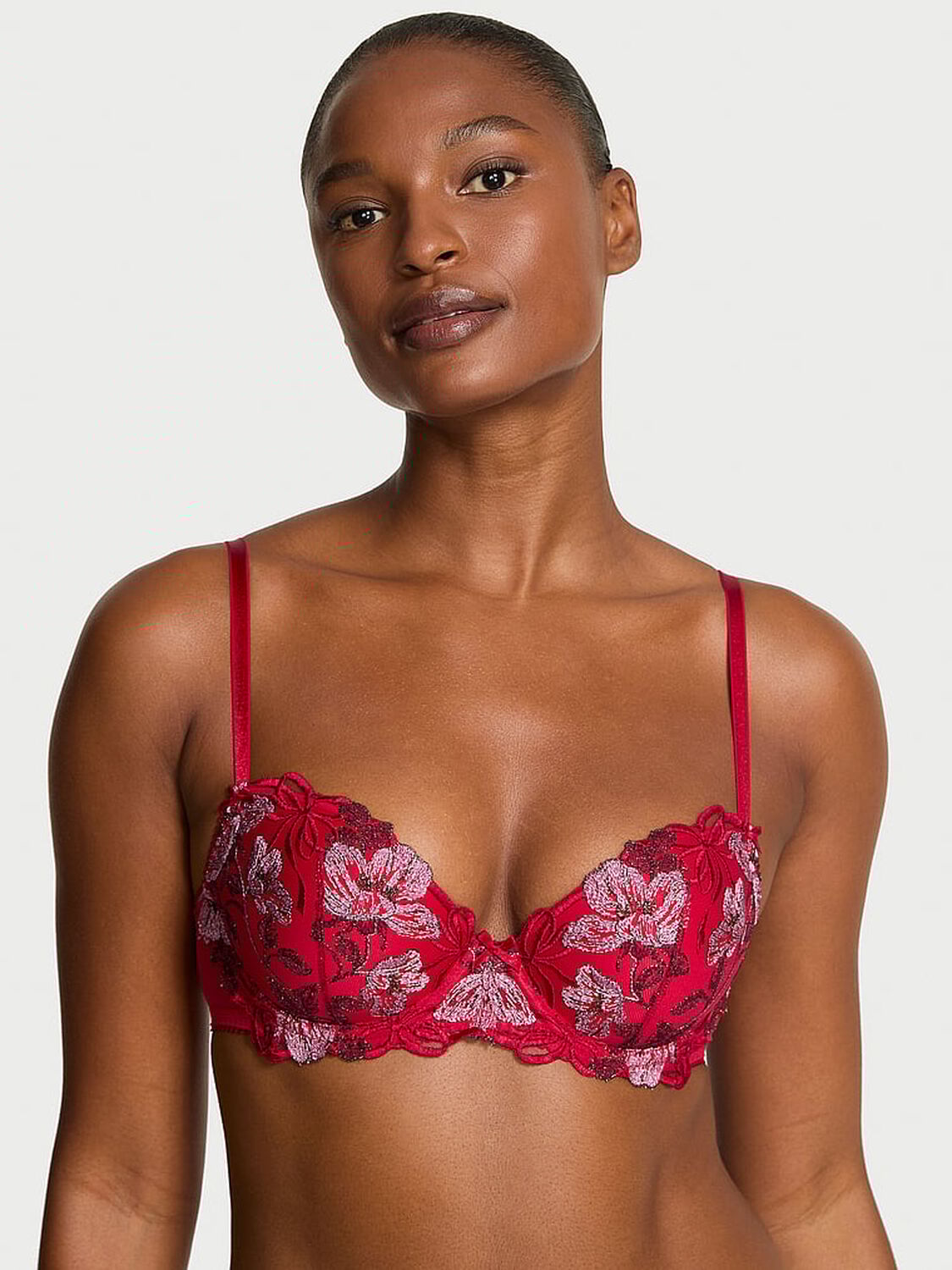 vs Dream Angels Beautiful Bows Embroidery Lightly Lined Demi Bra Beautiful Bows Red 1 of 2 