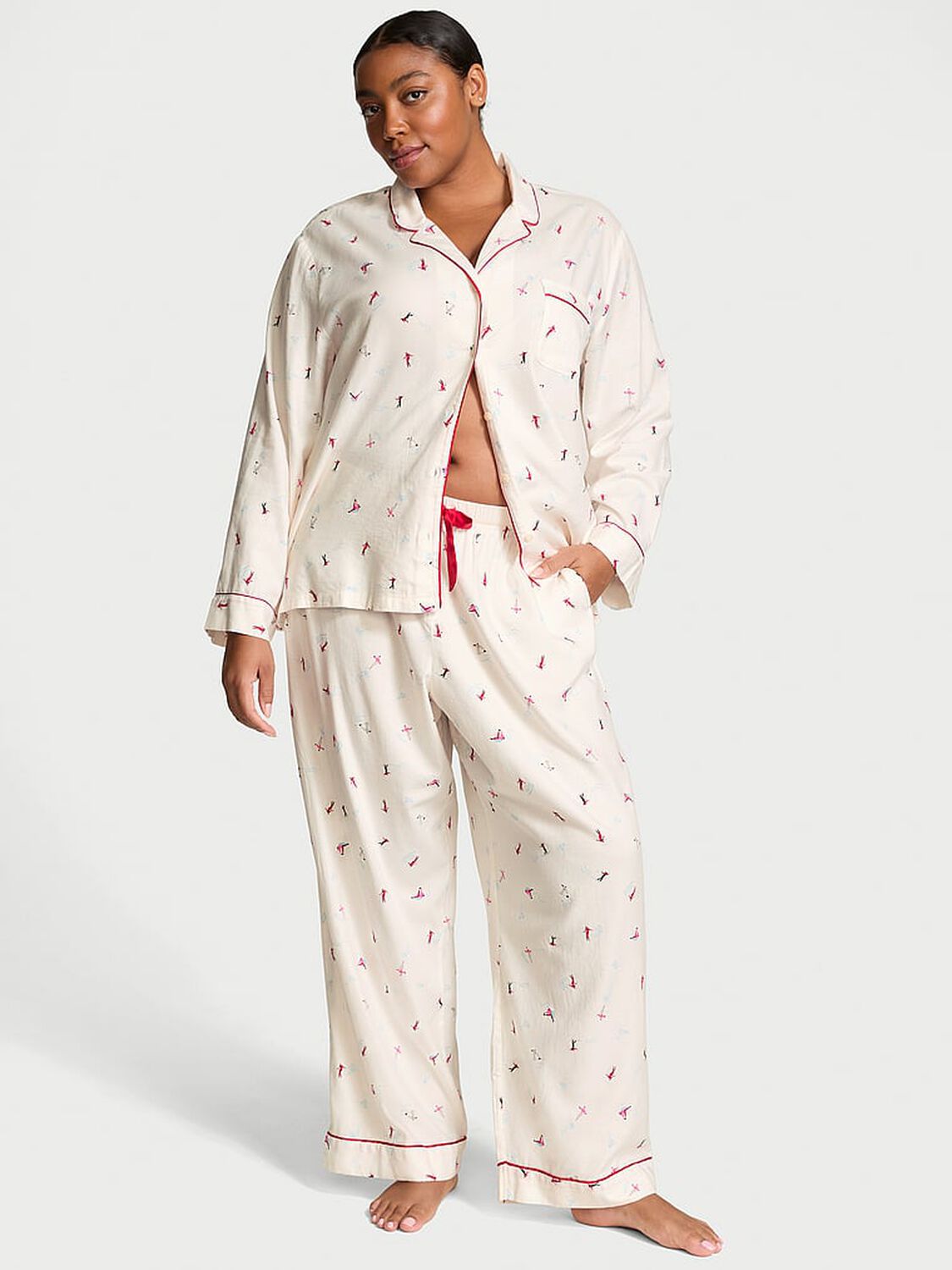 vs Victoria's Secret Flannel Long Pajama Set Coconut White Skiers 1 of 4 