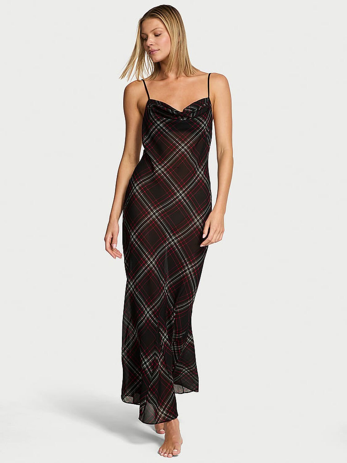 vs Very Sexy Chiffon Tartan Draped Maxi Slip Dress Black Plaid 1 of 3 