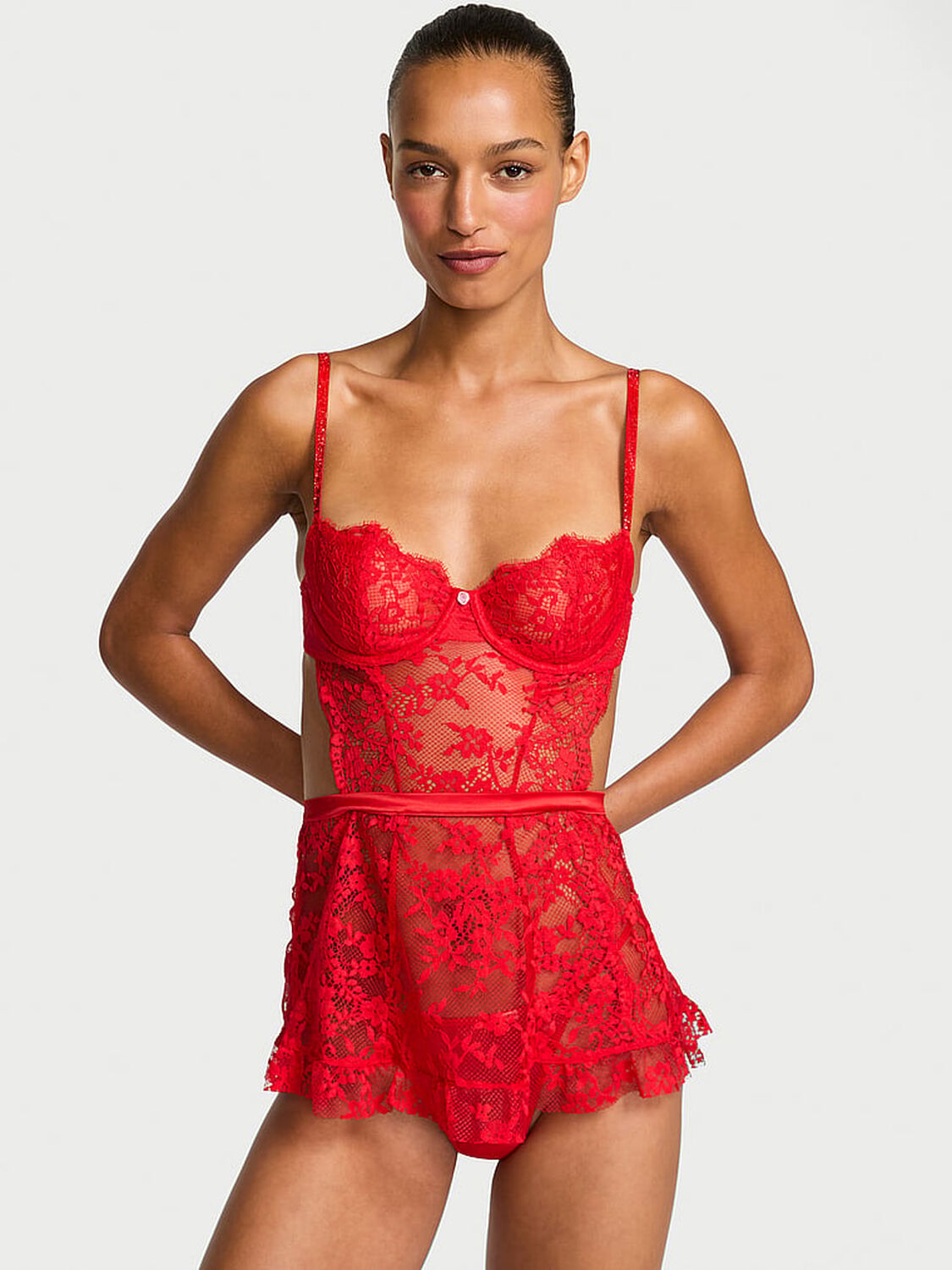 vs Dream Angels Wicked Twinkle Lace Unlined Apron Set Bright Vermillion 1 of 3 