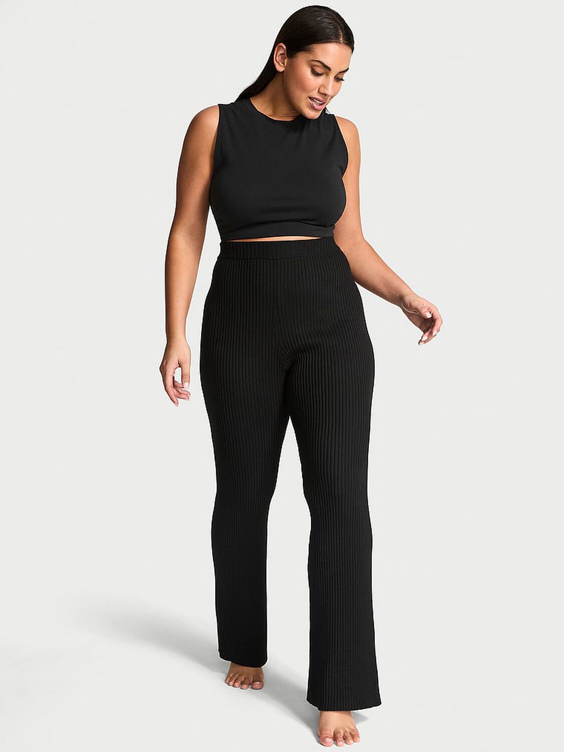 vs Victoria's Secret Luxe Ribbed Knit Flare Pants Black 1 of 2 