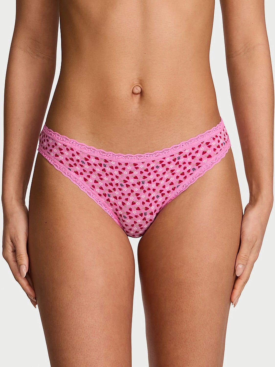 vs Lace Trim Lace-Waist Bikini Panty Pink Sugar Strawberries 1 of 3 