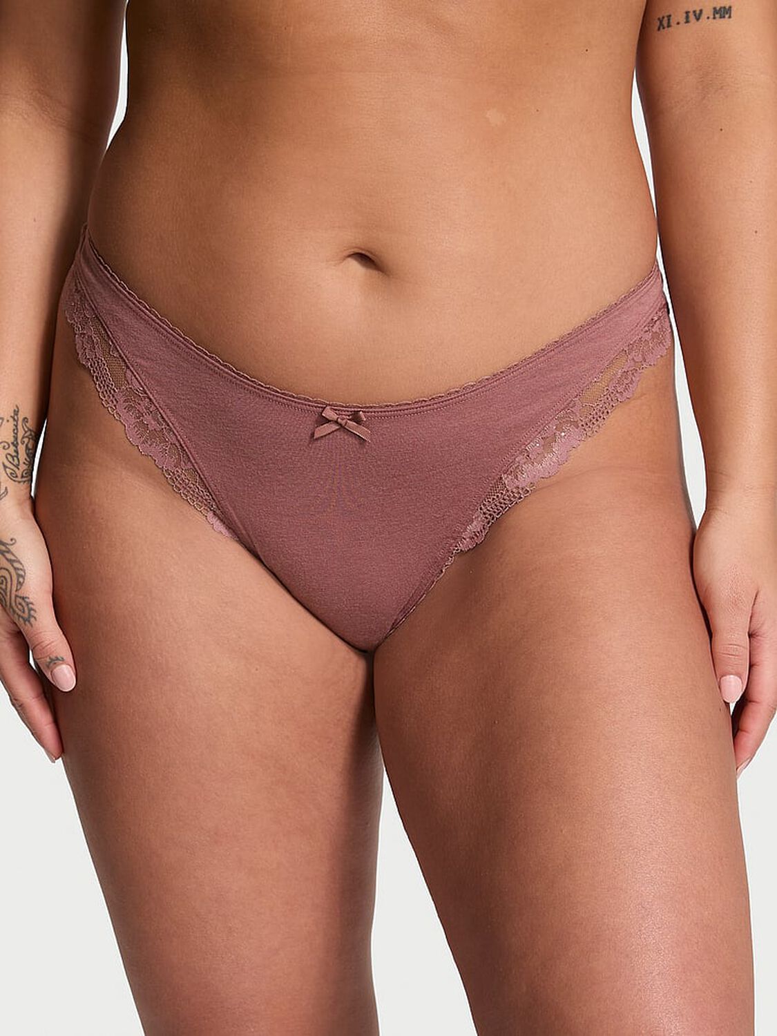vs Victoria's Secret Stretch Cotton Lace-Trim High-Leg Scoop Thong Panty 1 of 4 