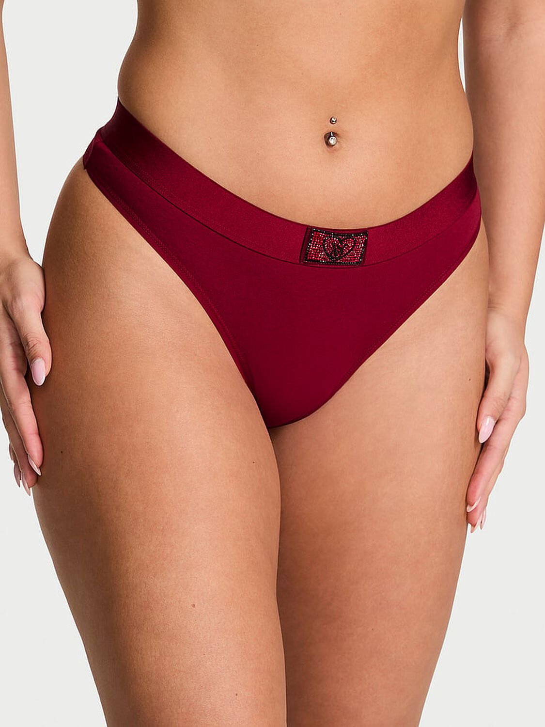 vs Cotton Logo Cotton Heart Shine Patch Thong Panty Red Lacquer 1 of 3 
