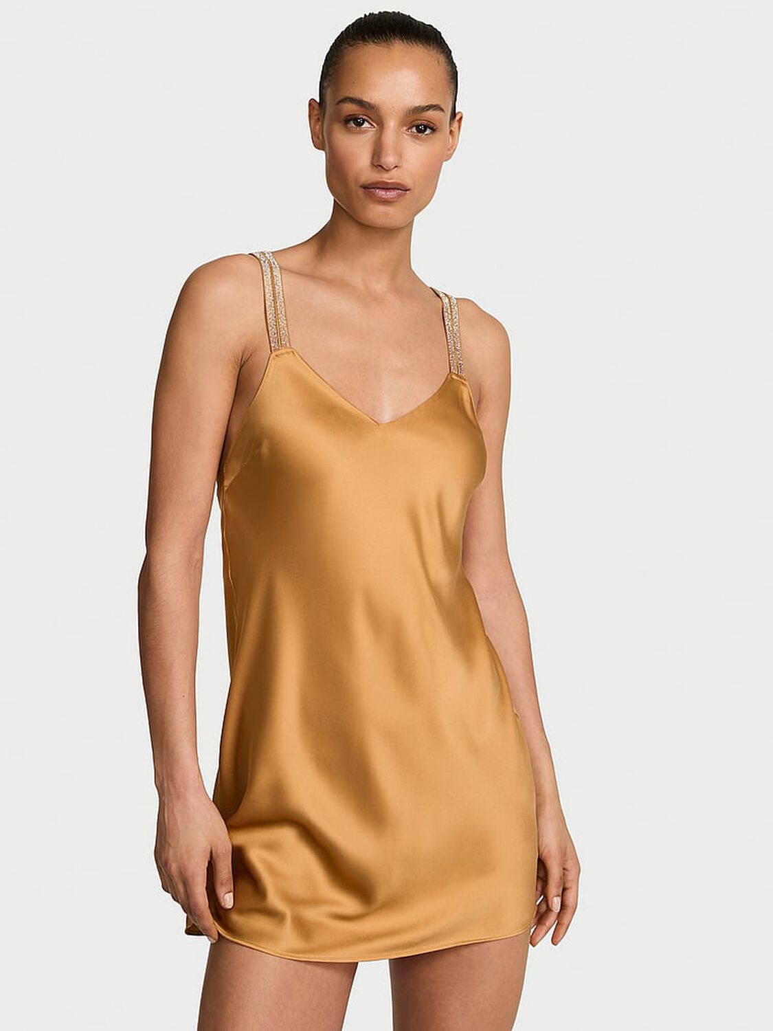 vs Very Sexy Gradient Shine Strap Satin Slip Dress Palomino Gold 1 of 2 