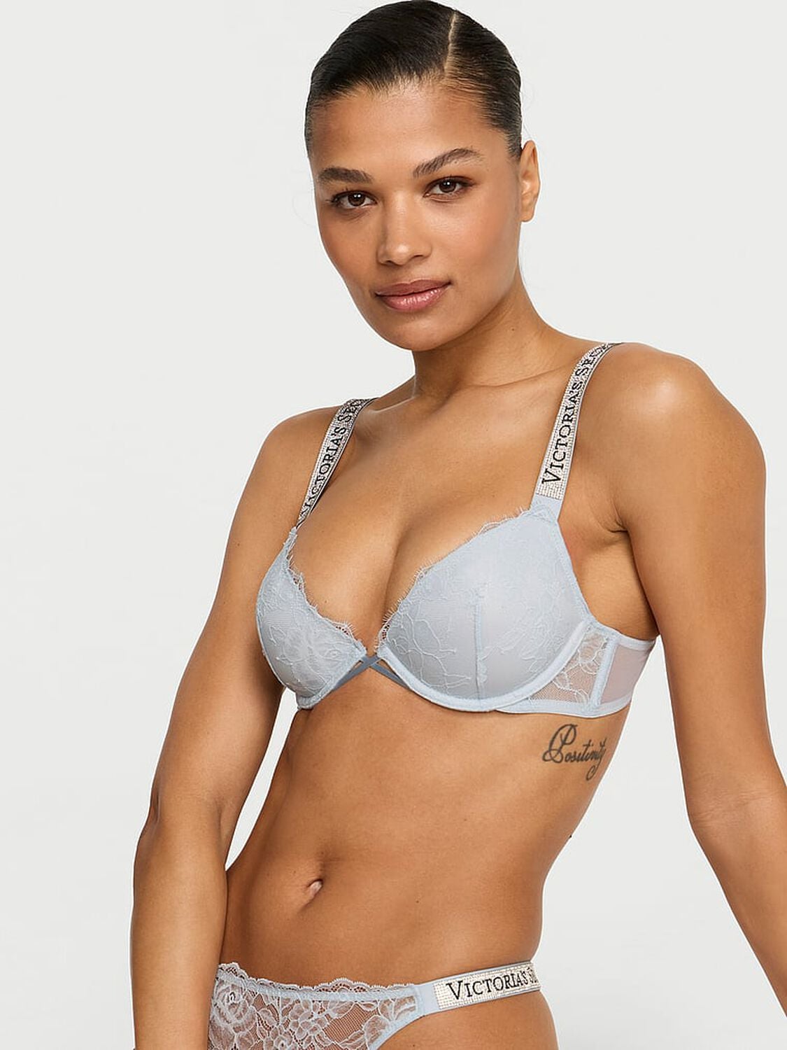 vs Very Sexy Shine Strap Rose Lace Lightly Lined Low-Cut Demi Bra Linen Blue 1 of 3 