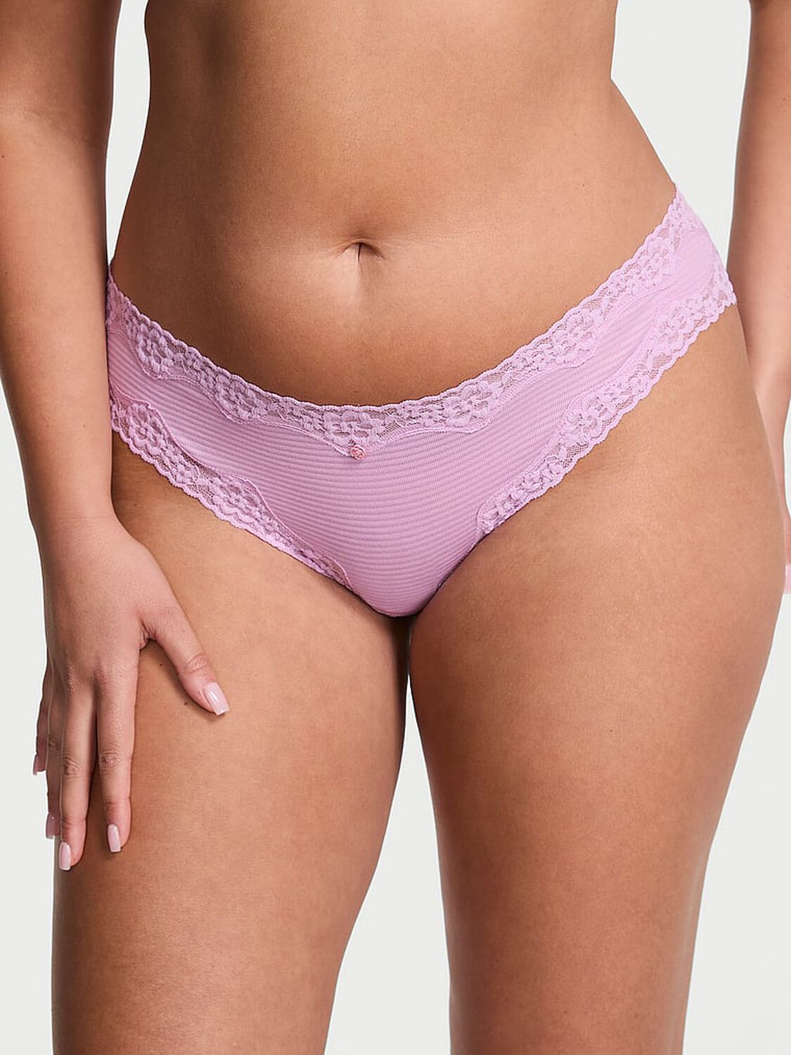 vs Lace Trim Cotton Shadow Stripe Lace-Waist Bikini Panty Bikini Pink 1 of 2 