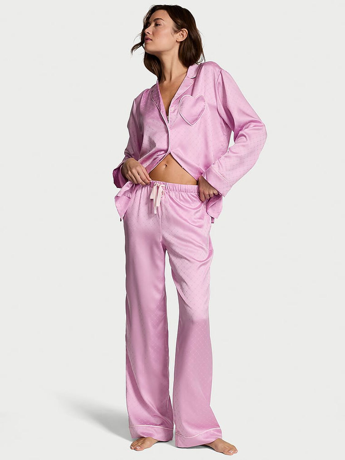 vs Victoria's Secret Glazed Satin Heart Long Pajama Set Bikini Pink Jacquard W Heart Pocket 1 of 2 