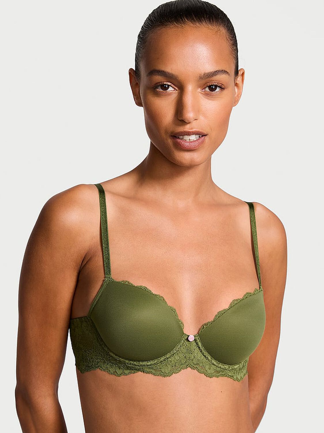 vs Dream Angels Smooth & Lace Lightly Lined Classic Coverage Demi Bra Woodland Green 1 of 3 