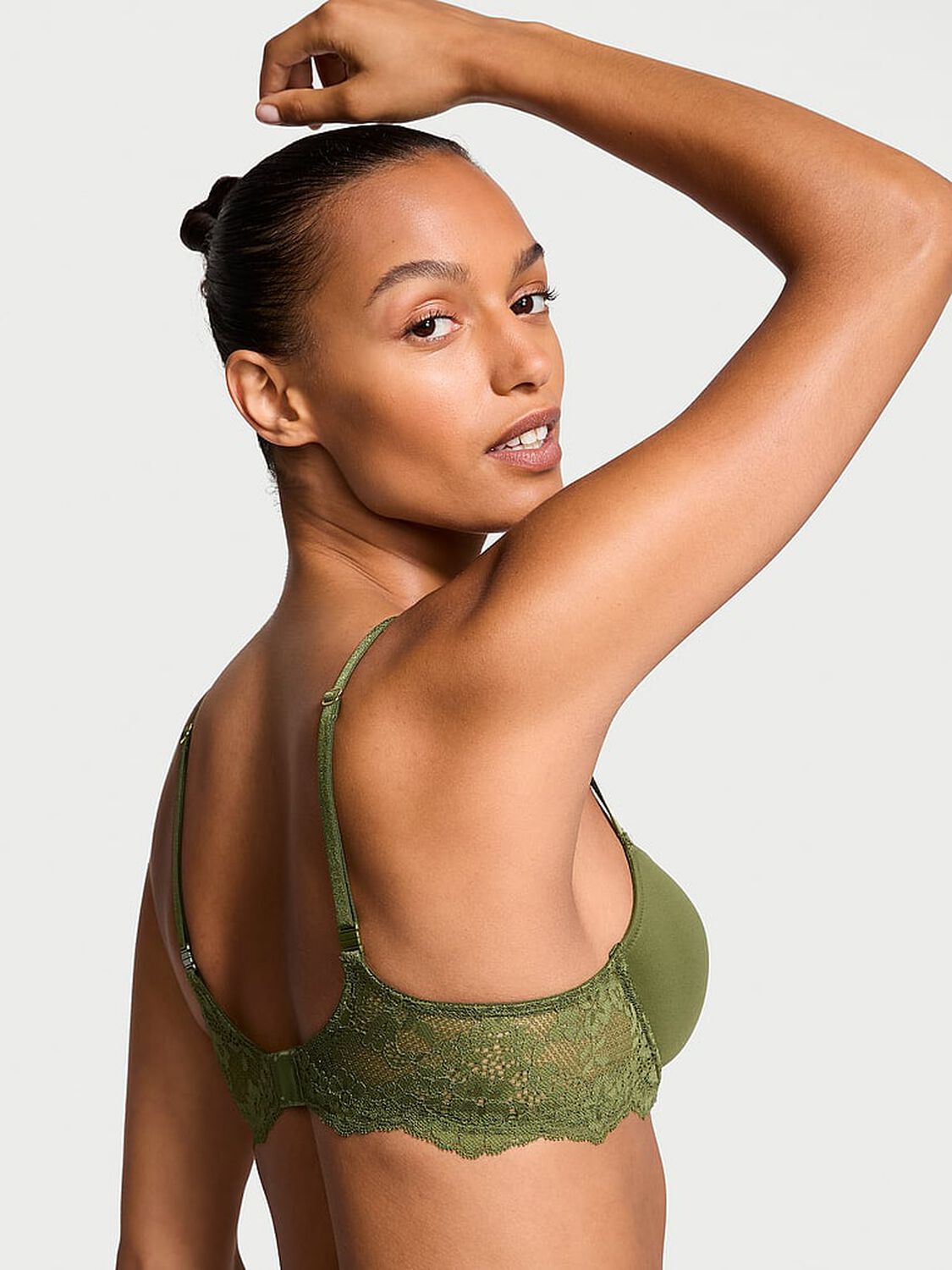 vs Dream Angels Smooth & Lace Lightly Lined Classic Coverage Demi Bra Woodland Green 2 of 3 