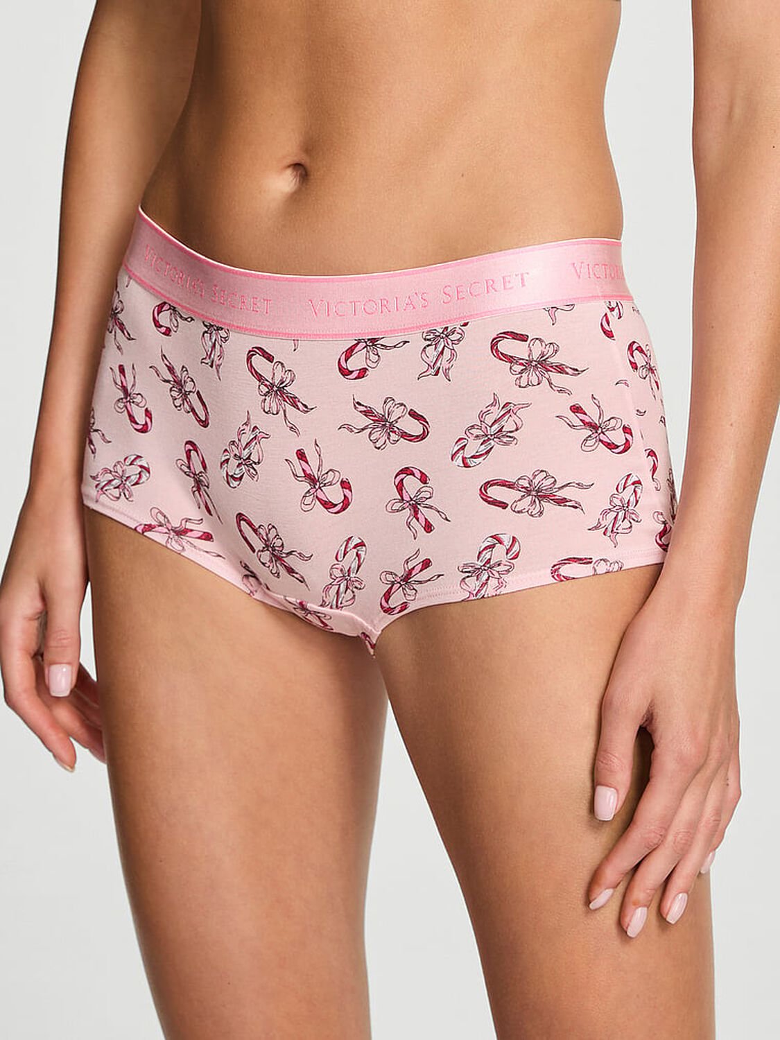vs Cotton Logo Cotton Boyshort Panty Angel Pink Candy Canes 1 of 2 