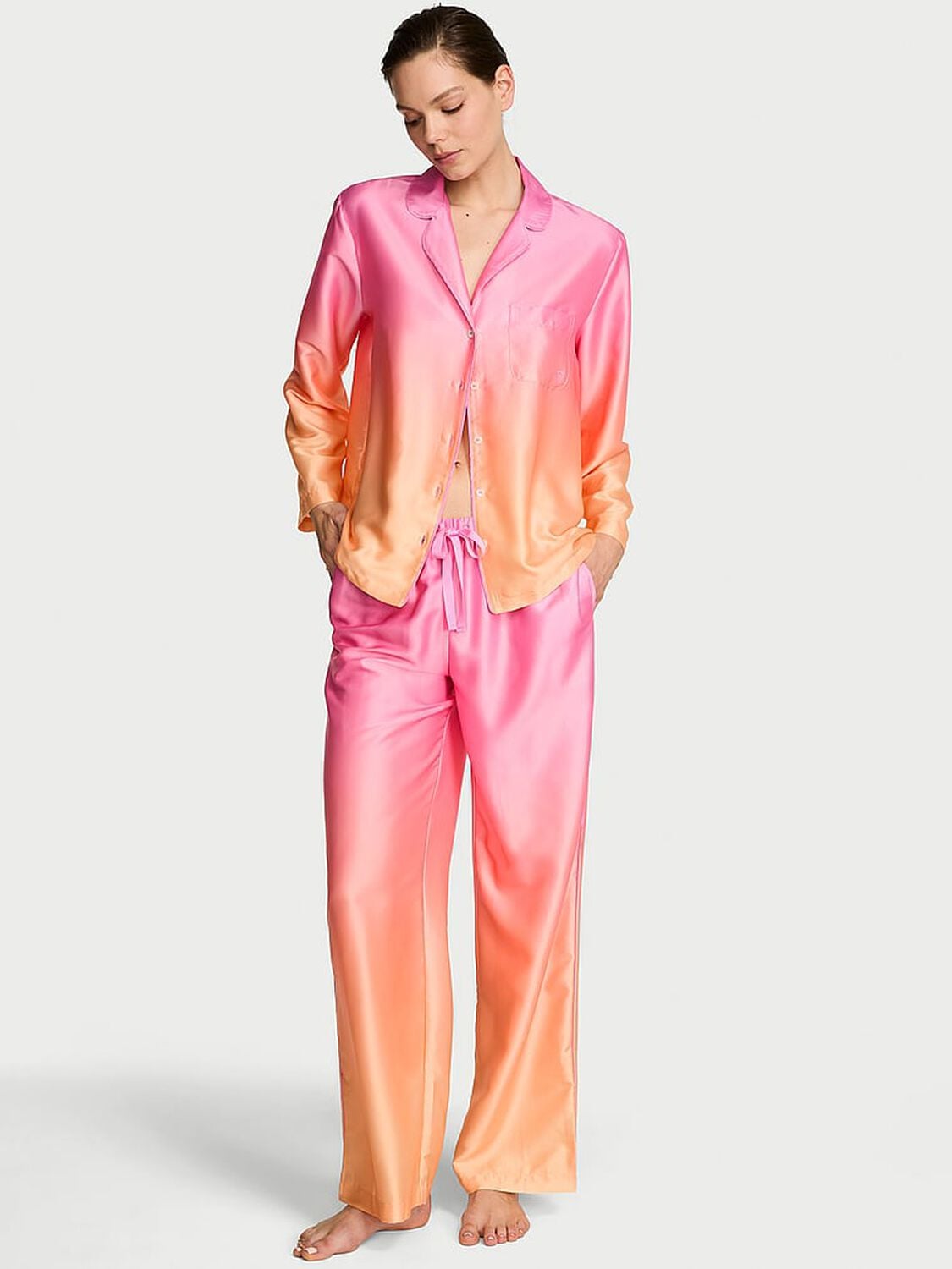 vs Victoria's Secret Signature Satin Long Pajama Set Pink/Orange Ombre 1 of 3 