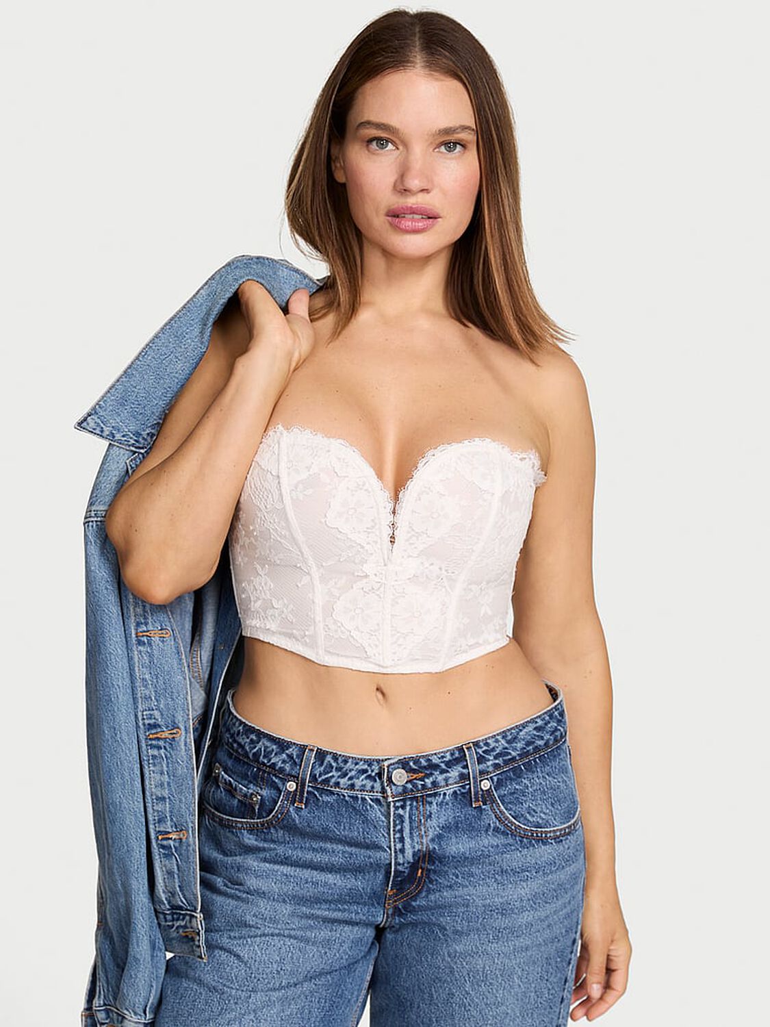 vs Dream Angels Dare to Dream Lace Deep-V Cropped Corset Top Coconut White 1 of 2 