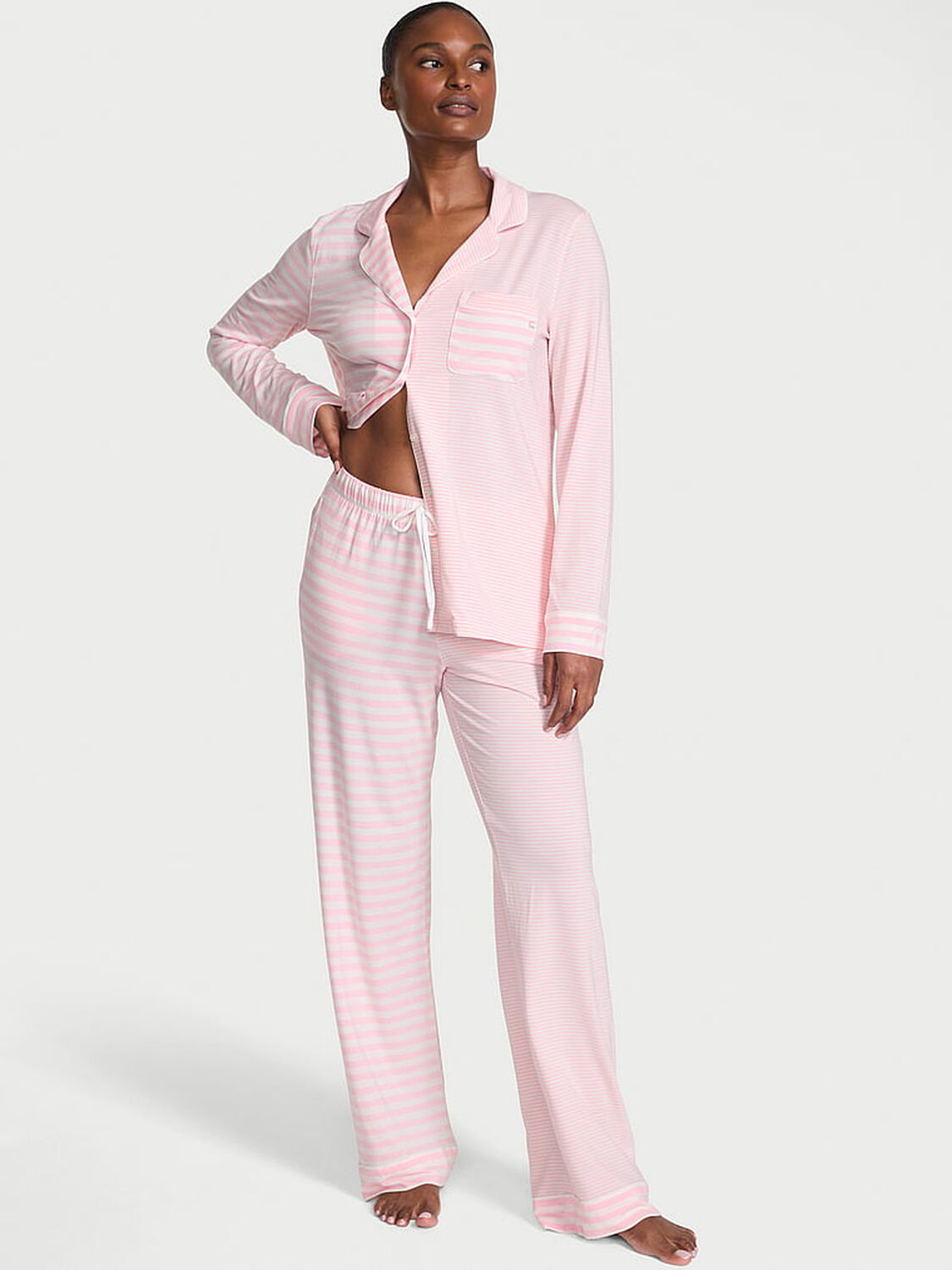 vs Victoria's Secret Modal Soft Long Pajama Set Pretty Blossom/Coconut White Yd Stripe 1 of 3 