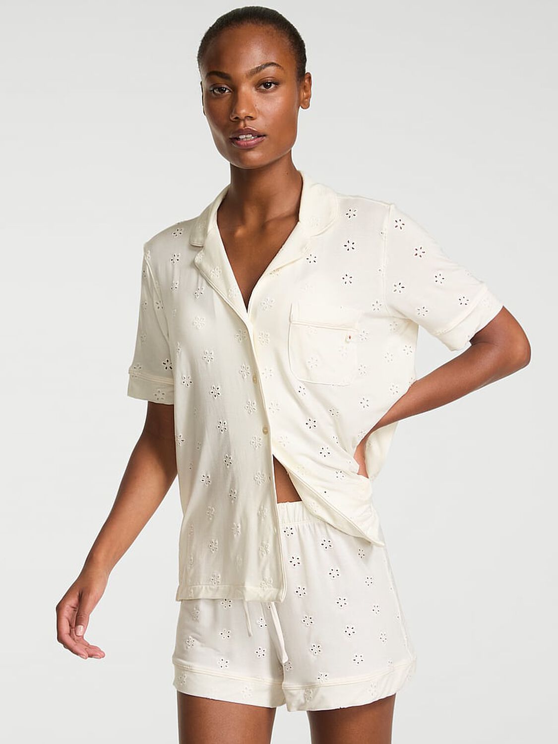 vs Victoria's Secret Modal Soft Eyelet Short Pajama Set Coconut White 1 of 4 