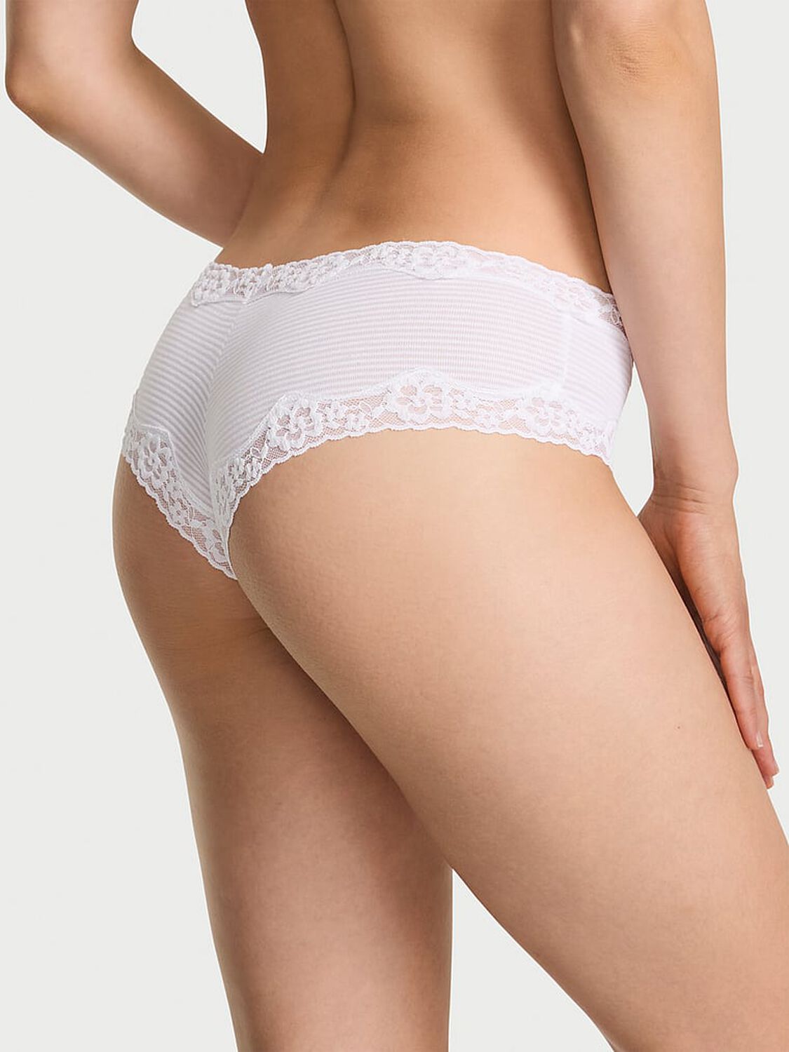 vs Lace Trim Cotton Shadow Stripe Lace-Waist Cheeky Panty Vs White 2 of 4 