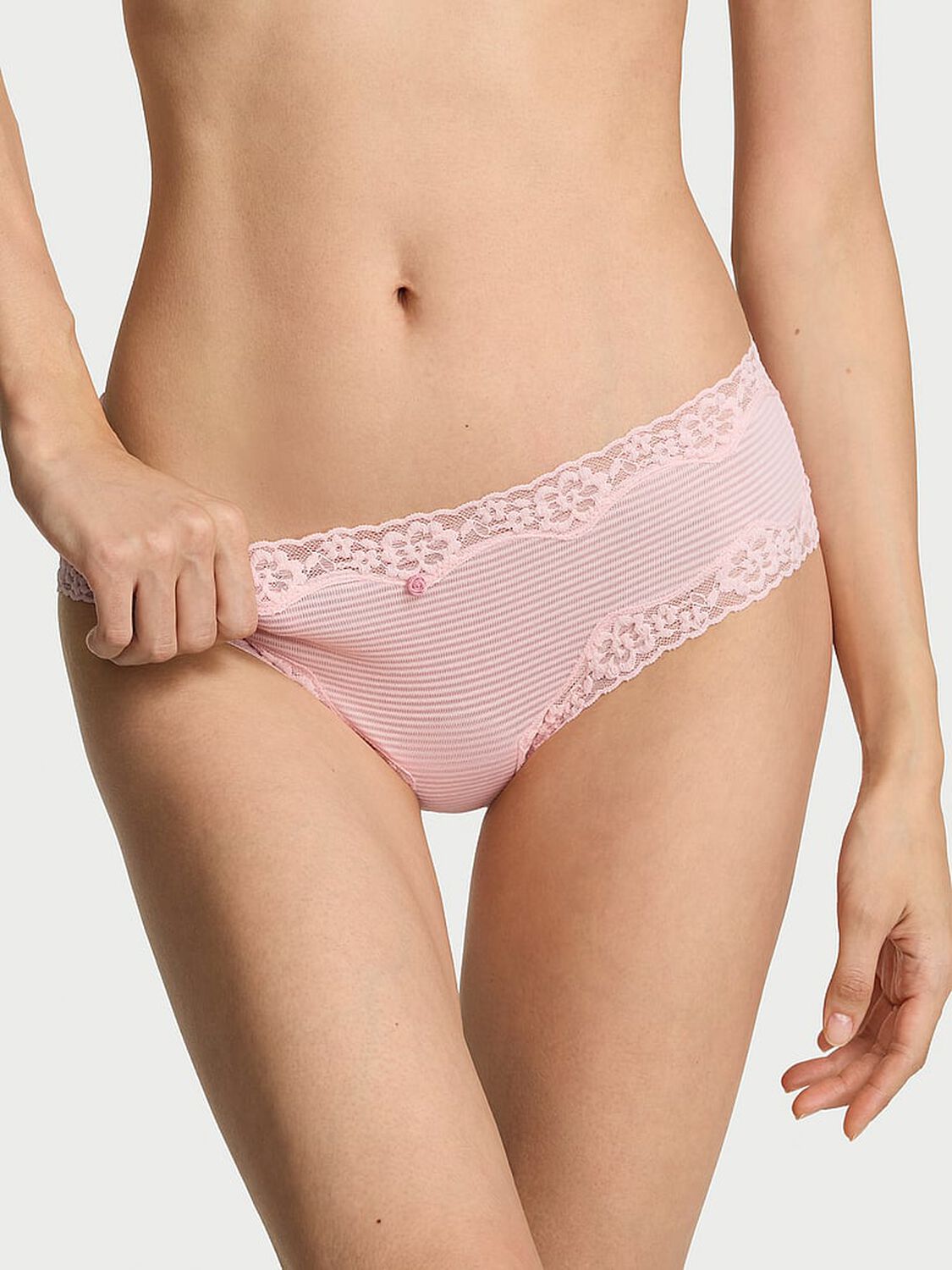 vs Lace Trim Cotton Shadow Stripe Lace-Waist Cheeky Panty Angel Pink 1 of 3 