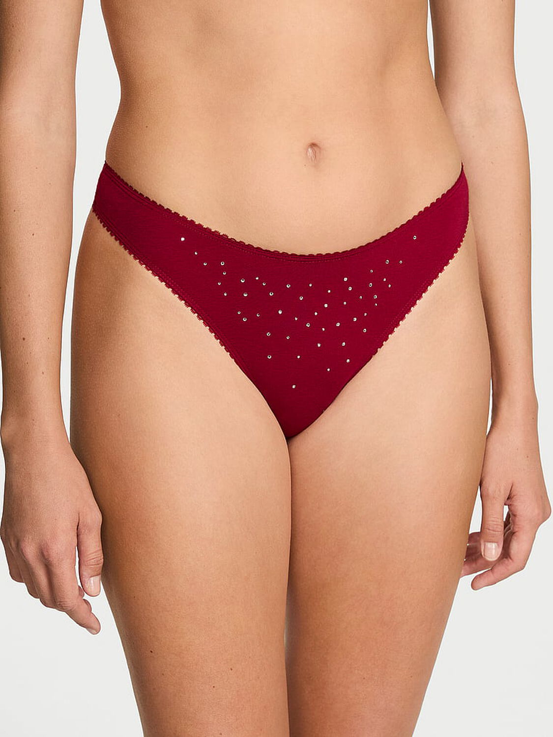 vs Victoria's Secret Stretch Cotton Sparkle High-Leg Scoop Thong Panty Red Lacquer Mistletoe 1 of 3 