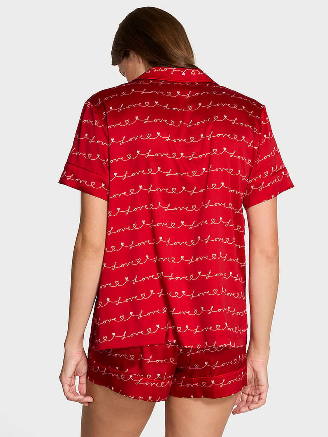 vs Victoria's Secret Glazed Satin Short Pajama Set Lipstick/Petal Pink Script Font 2 of 4 