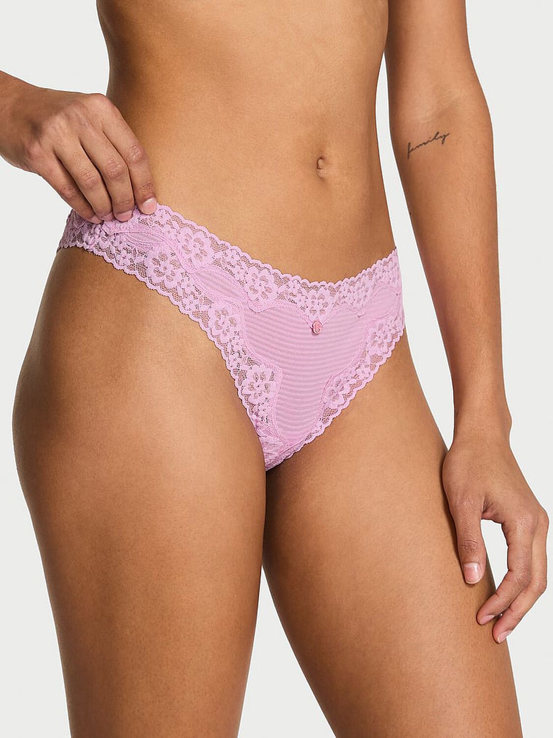 vs Lace Trim Cotton Shadow Stripe Lace-Waist Thong Panty Bikini Pink 1 of 2 