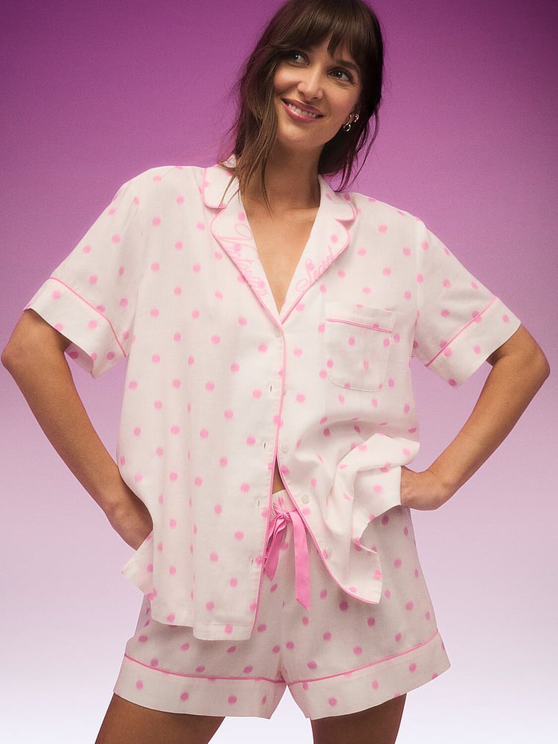 vs Victoria's Secret Flannel Short Pajama Set Coconut White W Pink Dots 3 of 3 