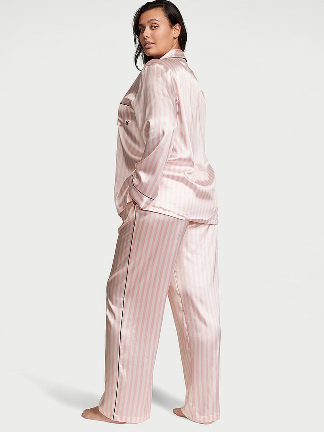 vs Victoria's Secret Satin Long Pajama Set Pink Iconic Stripe 2 of 5 