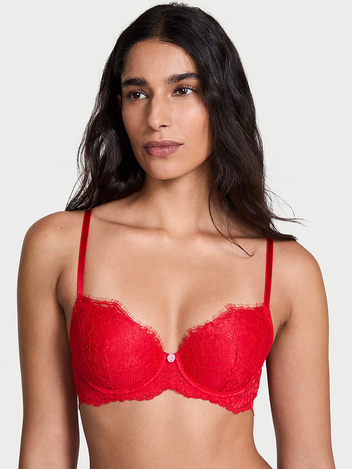 vs Dream Angels Lace Lightly Lined Classic Coverage Demi Bra Bright Vermillion 1 of 4 