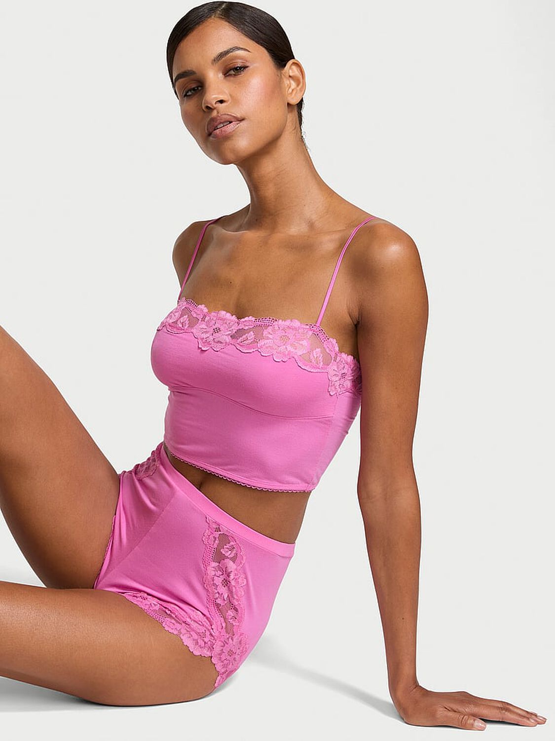 vs Victoria's Secret Modal Soft & Lace Trim Straight-Neck Cami Set New Peony 1 of 3 