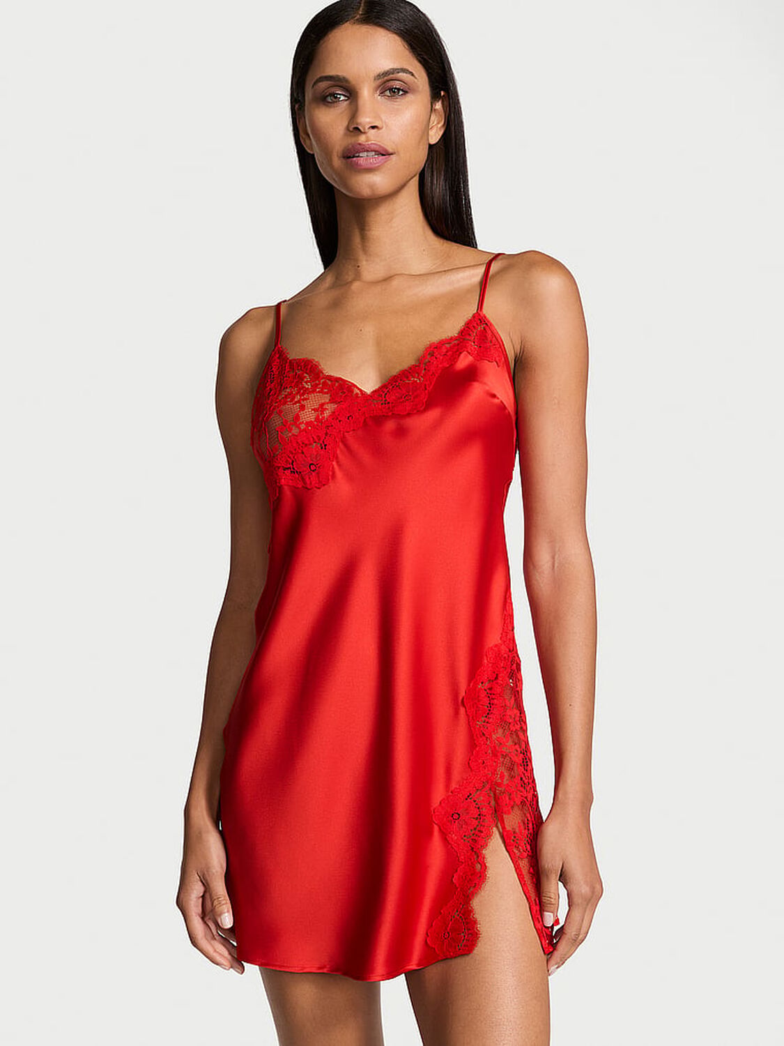 vs Victoria's Secret Satin Rose Lace-Trim Asymmetric Slip Dress Bright Vermillion 1 of 4 
